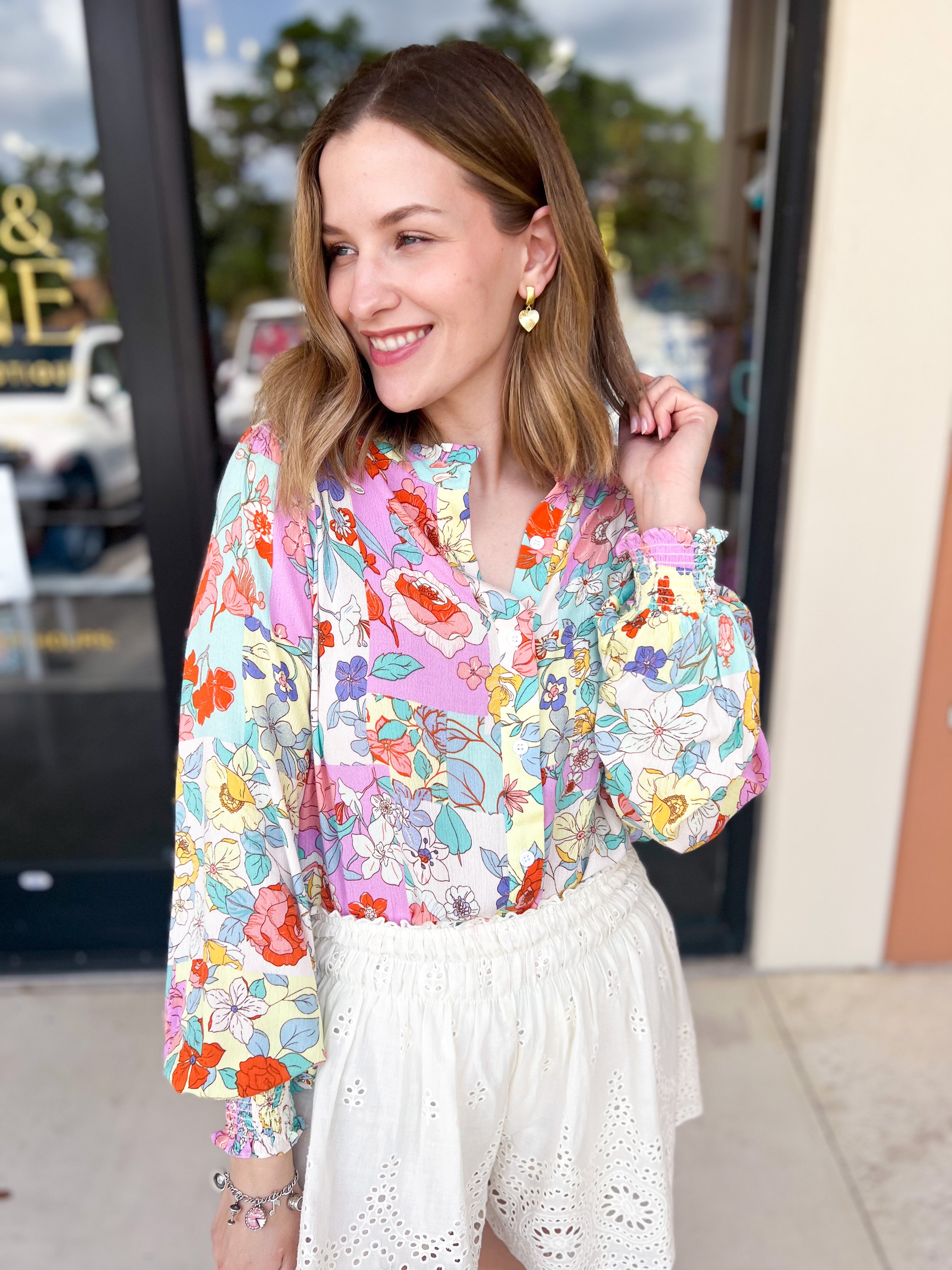 Lavender & Yellow Floral Blouse-200 Fashion Blouses-FATE-July & June Women's Fashion Boutique Located in San Antonio, Texas