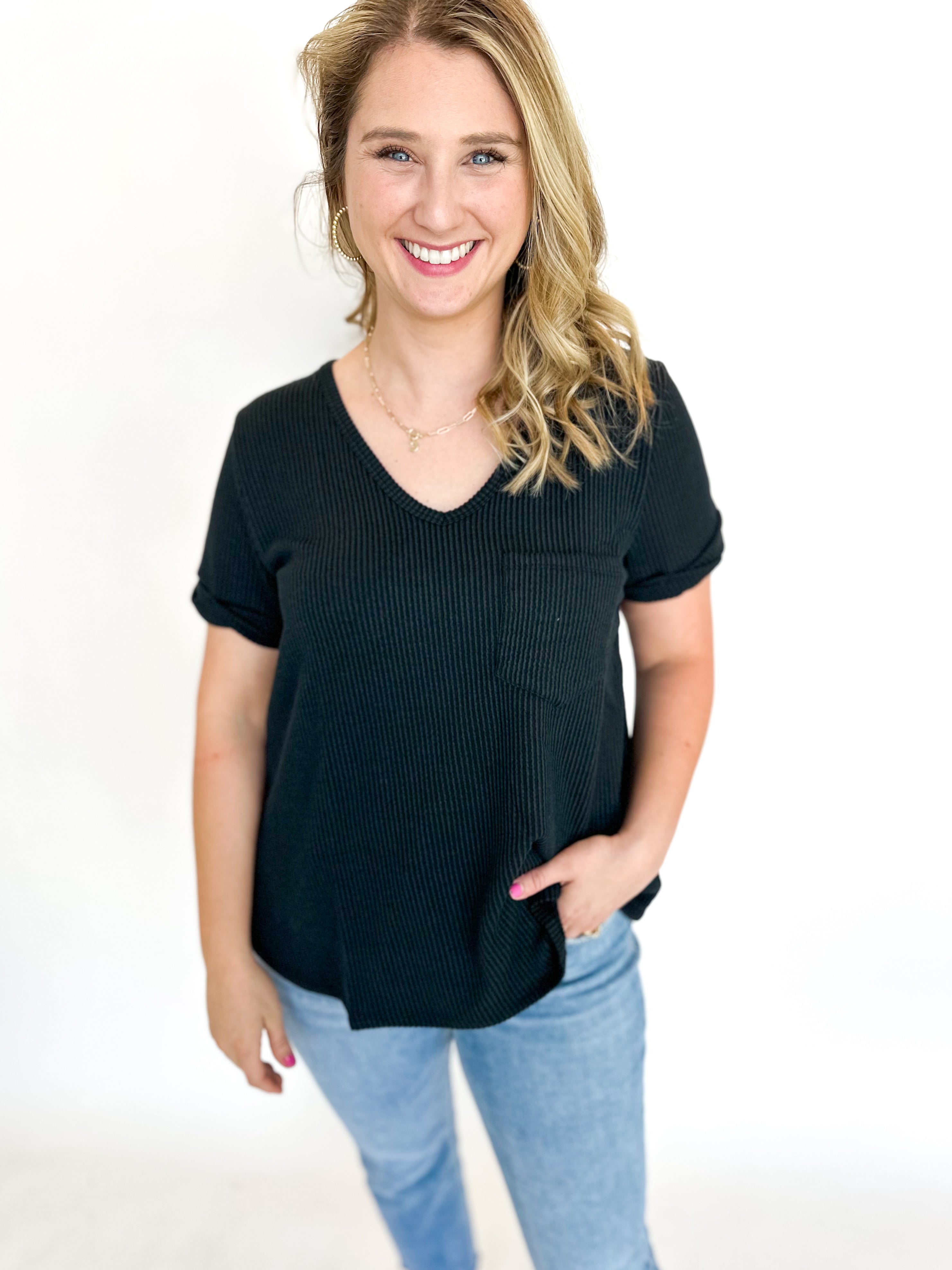 Ribbed V-Neck Tee - Black-210 Casual Blouses-ENTRO-July & June Women's Fashion Boutique Located in San Antonio, Texas