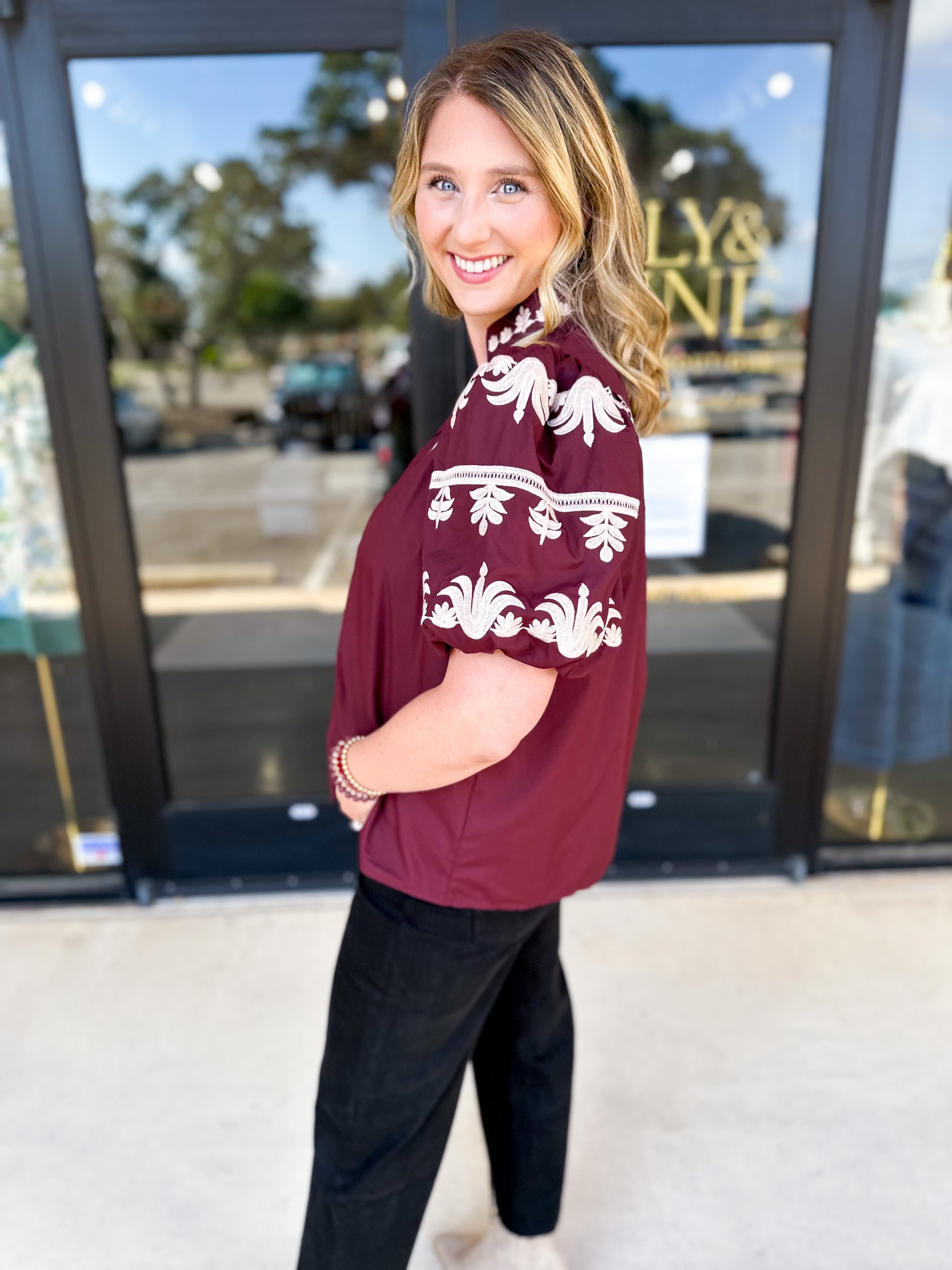 Maroon Embroidered Blouse-200 Fashion Blouses-ENTRO-July & June Women's Fashion Boutique Located in San Antonio, Texas