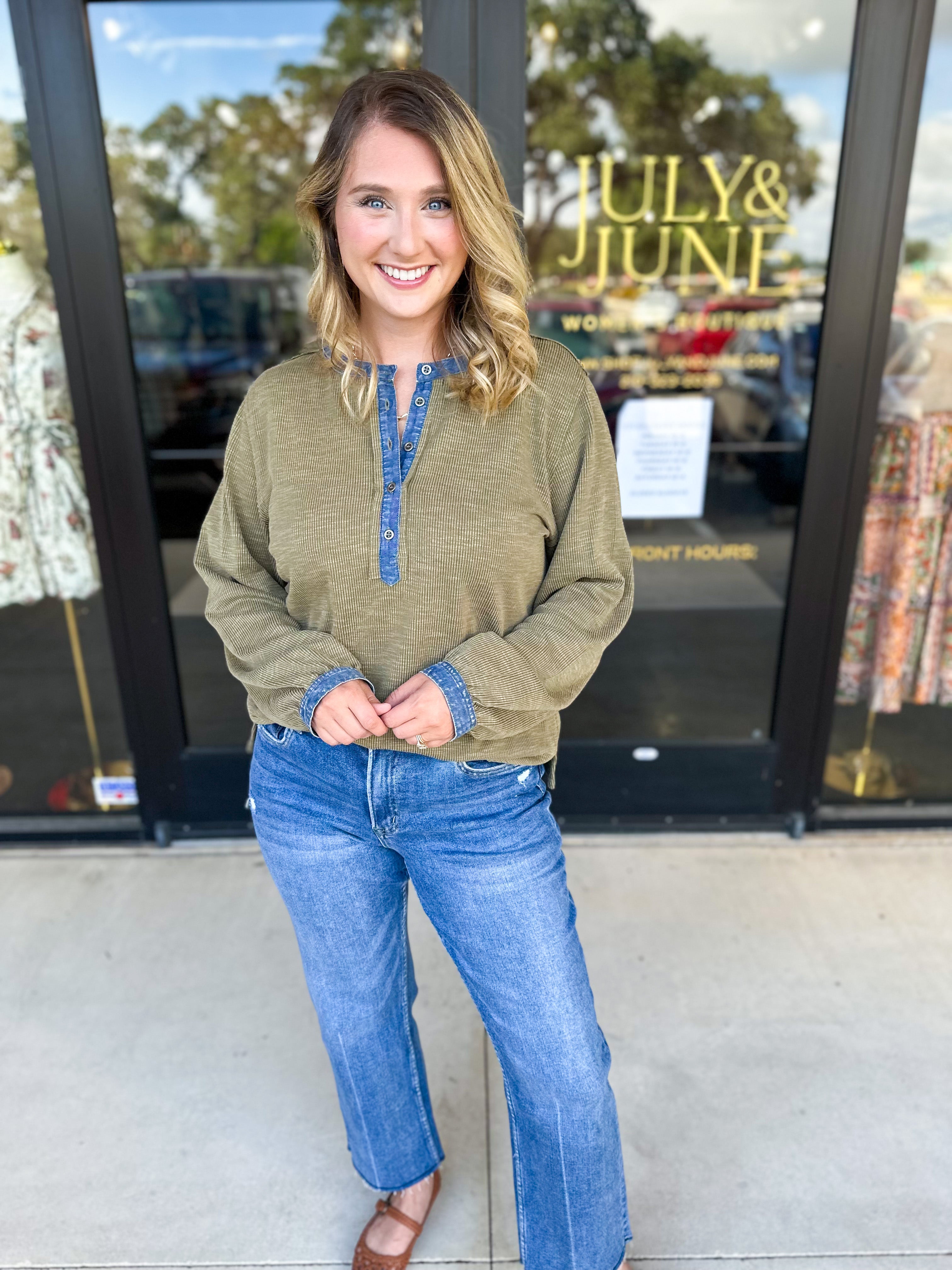 Olive & Denim Details Long Sleeve Top-210 Casual Blouses-JODIFL-July & June Women's Fashion Boutique Located in San Antonio, Texas