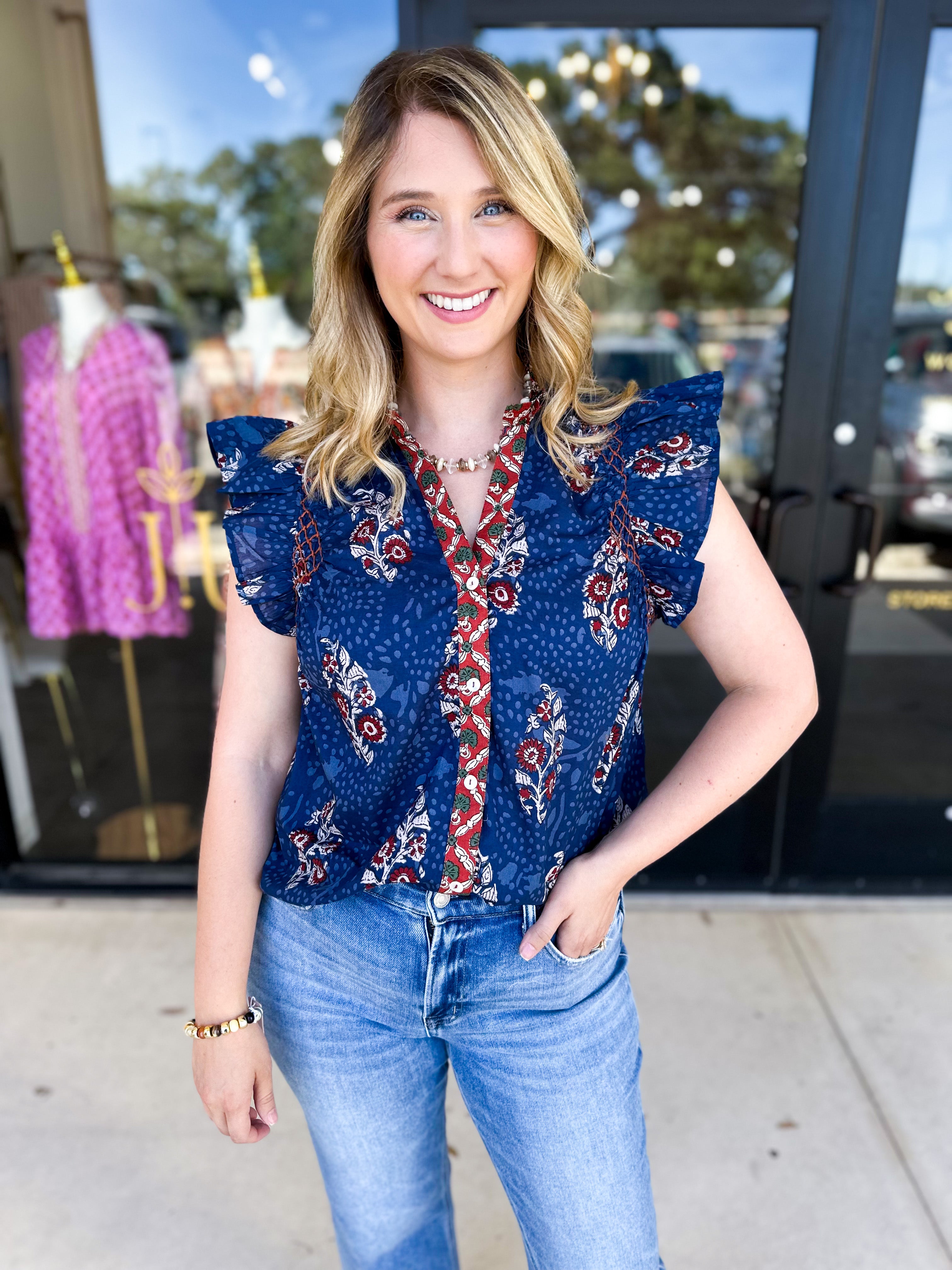 THML - Navy & Rust Blouse-200 Fashion Blouses-THML-July & June Women's Fashion Boutique Located in San Antonio, Texas