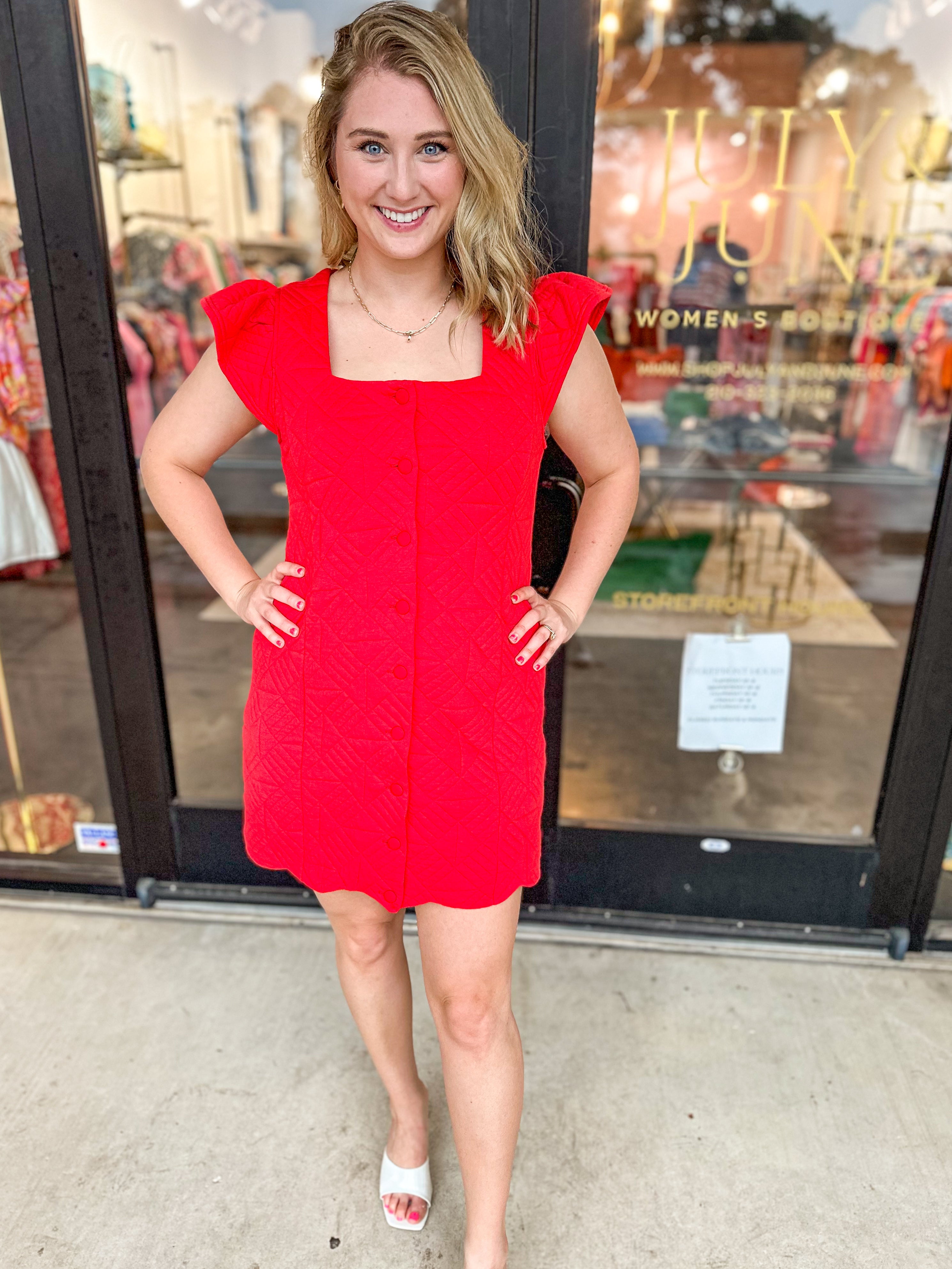 Red Quilted Mini Dress-510 Mini-ENTRO-July & June Women's Fashion Boutique Located in San Antonio, Texas