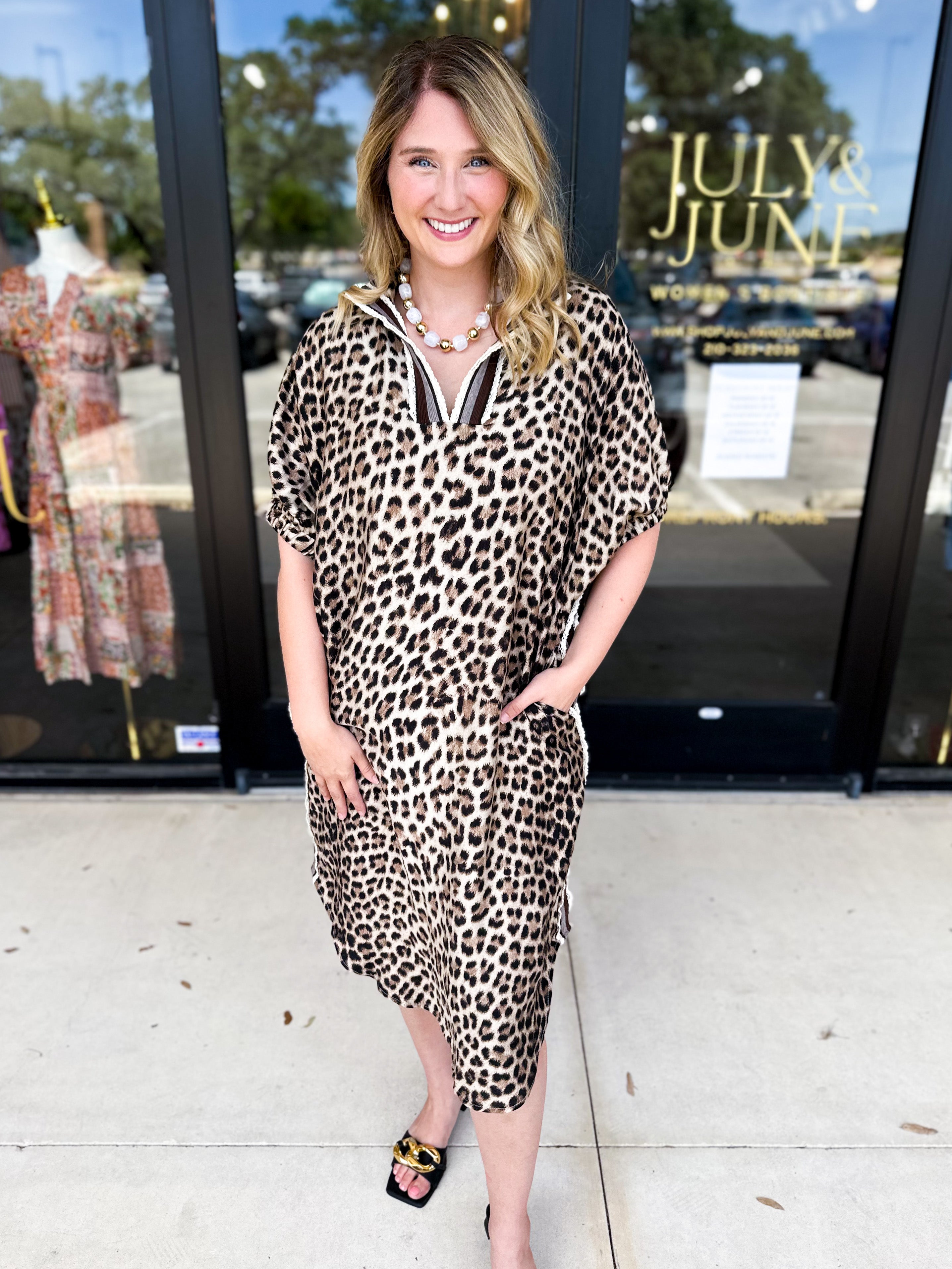 Leopard Caftan Midi Dress - Mocha-500 Midi-ENTRO-July & June Women's Fashion Boutique Located in San Antonio, Texas