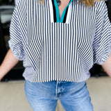 Fall Varsity Stripe Blouse - Black-200 Fashion Blouses-ENTRO-July & June Women's Fashion Boutique Located in San Antonio, Texas