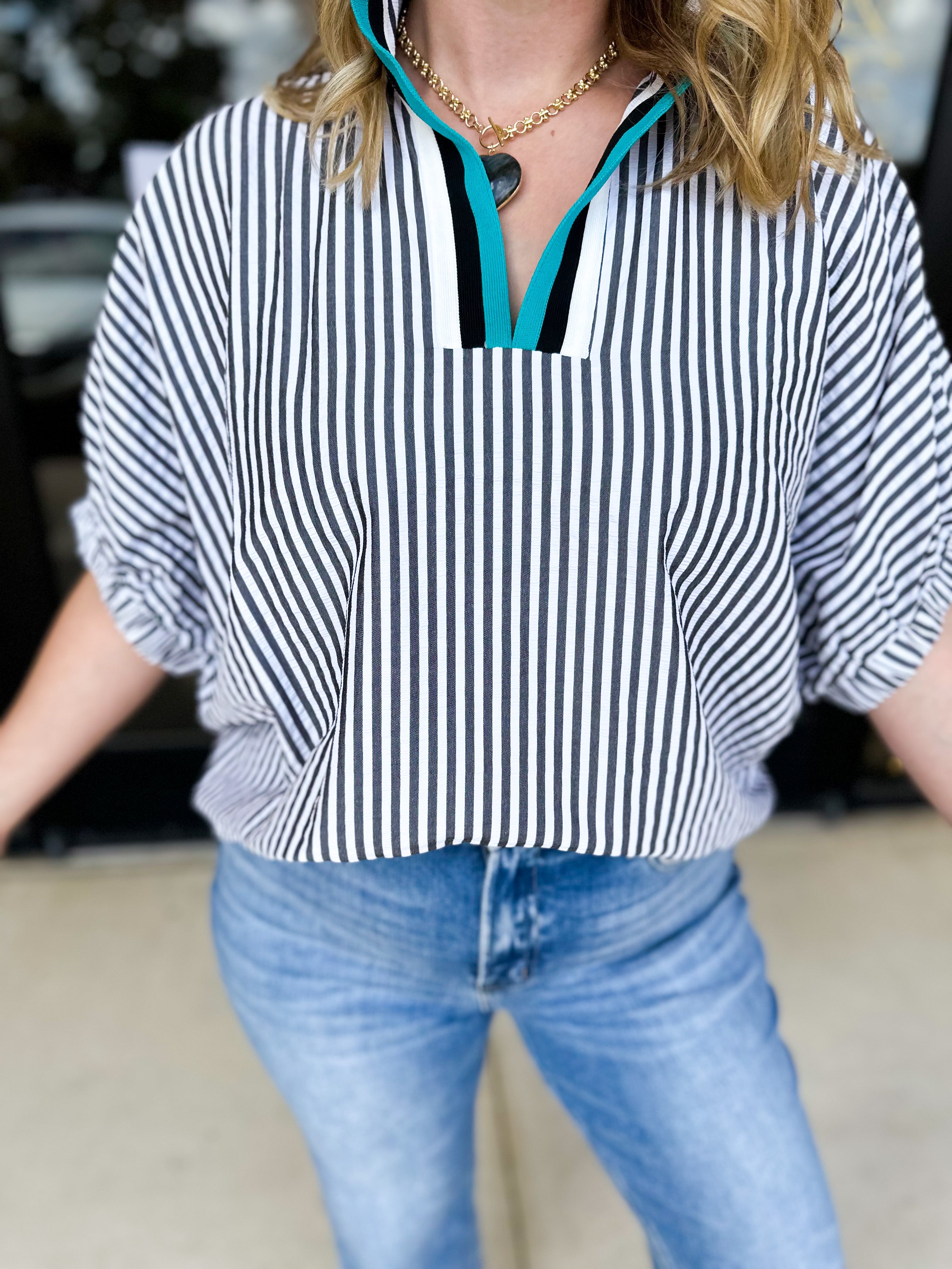 Fall Varsity Stripe Blouse - Black-200 Fashion Blouses-ENTRO-July & June Women's Fashion Boutique Located in San Antonio, Texas