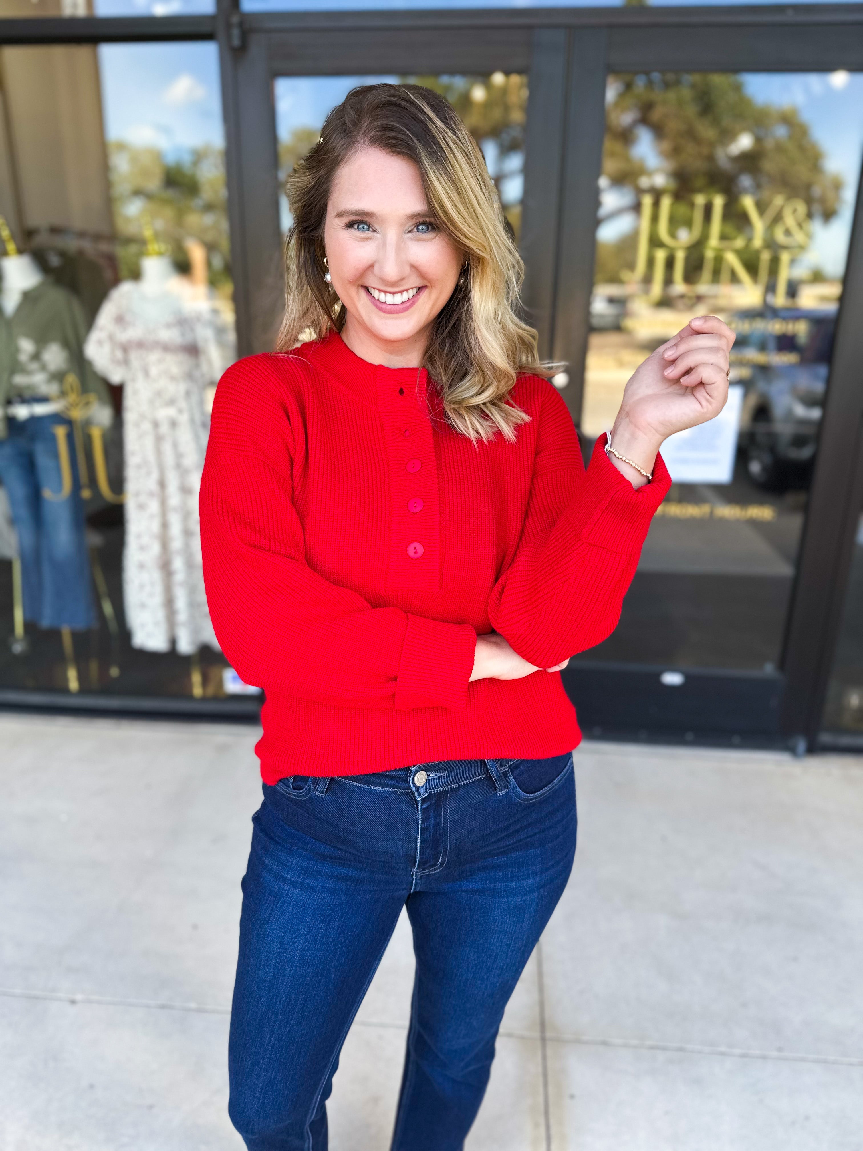 The Everyday Henley Sweater - Red-230 Sweaters/Cardis-JODIFL-July & June Women's Fashion Boutique Located in San Antonio, Texas