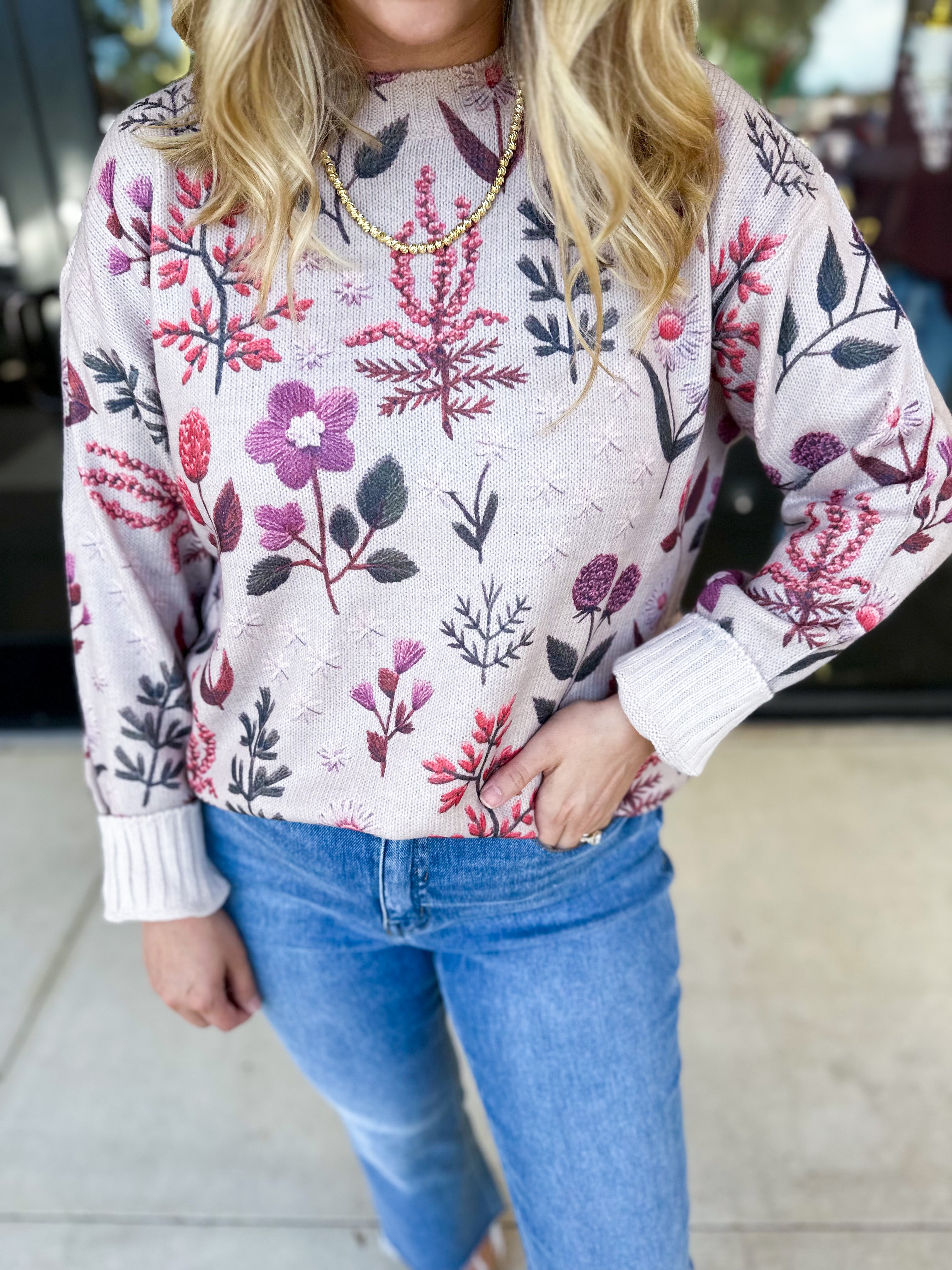 Whimsical Floral Knit Sweater-230 Sweaters/Cardis-ENTRO-July & June Women's Fashion Boutique Located in San Antonio, Texas