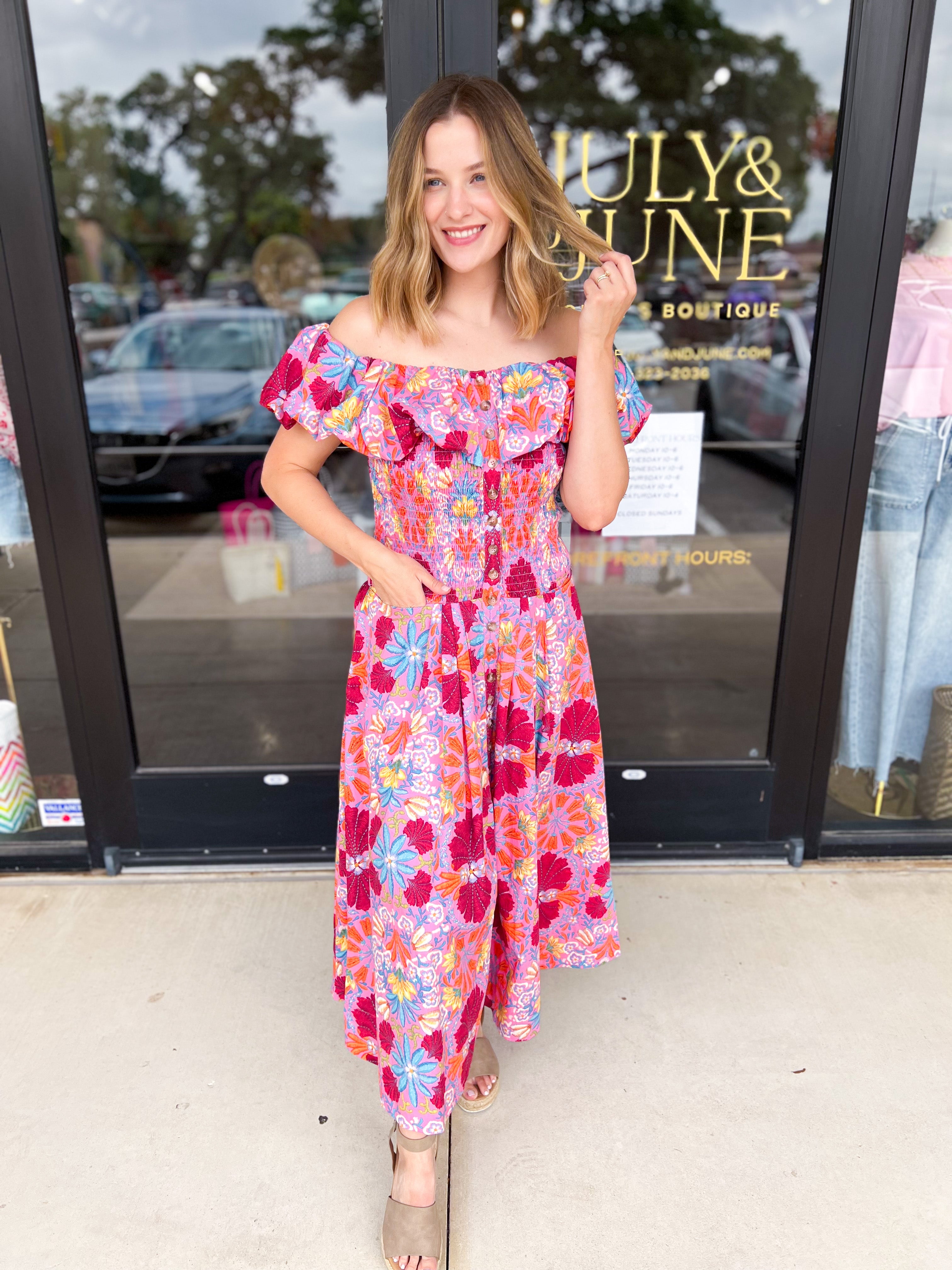 The Callie Floral Off The Shoulder Midi Dress-500 Midi-OLIVACEOUS-July & June Women's Fashion Boutique Located in San Antonio, Texas