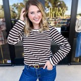 Chocolate Stripe Long Sleeve Top-210 Casual Blouses-POLOGRAM-July & June Women's Fashion Boutique Located in San Antonio, Texas