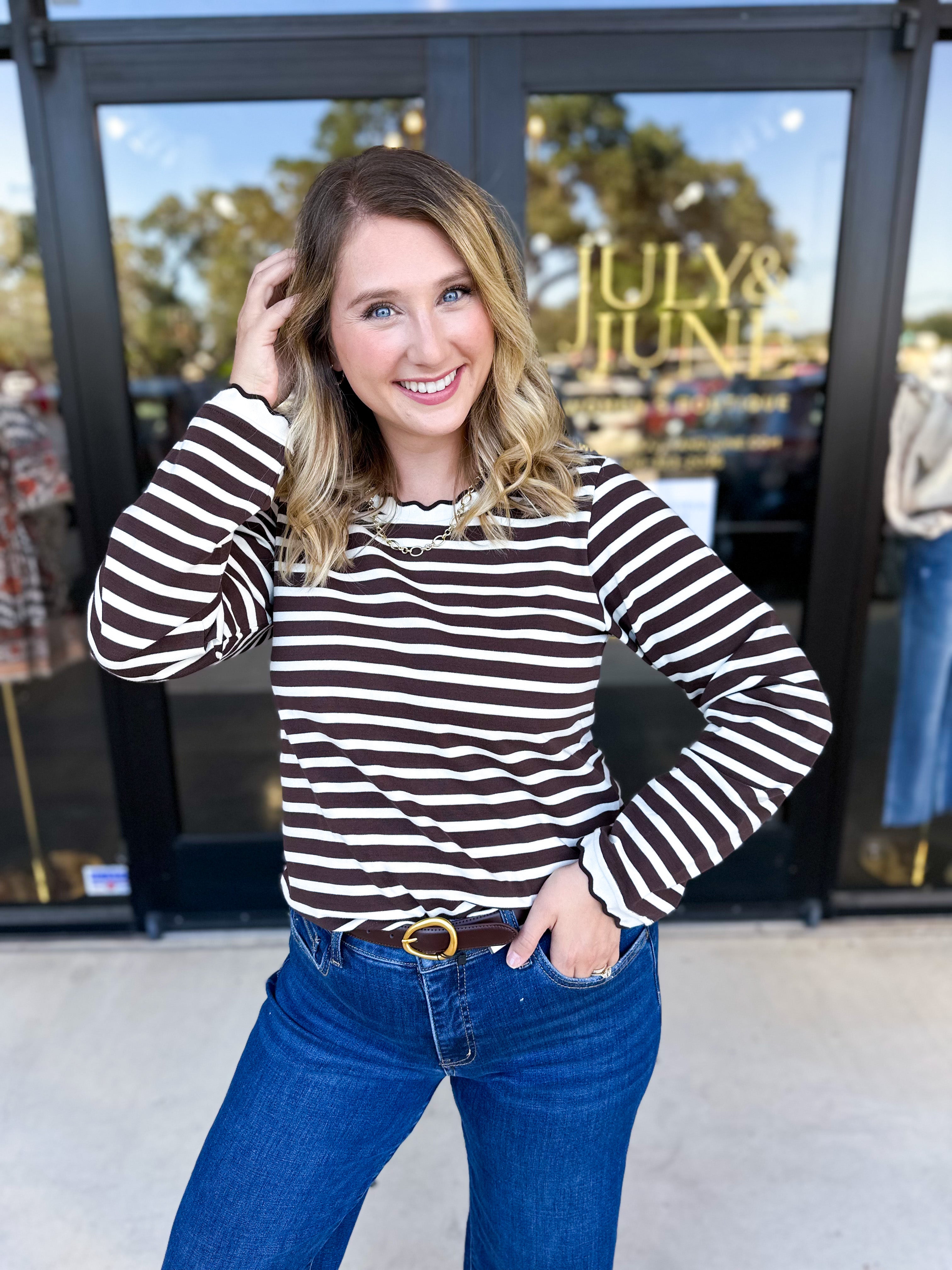 Chocolate Stripe Long Sleeve Top-210 Casual Blouses-POLOGRAM-July & June Women's Fashion Boutique Located in San Antonio, Texas