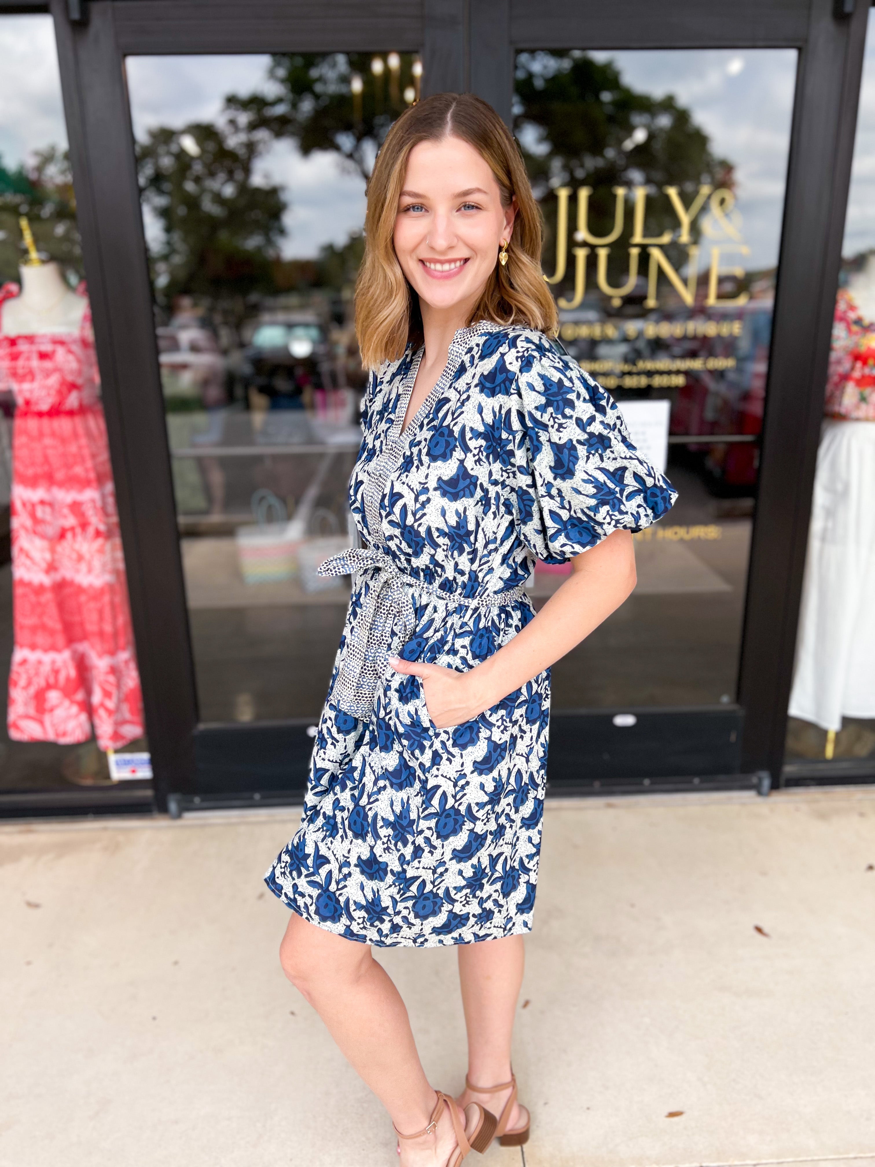 THML - Blue & Ivory Floral Mini Dress-510 Mini-THML-July & June Women's Fashion Boutique Located in San Antonio, Texas