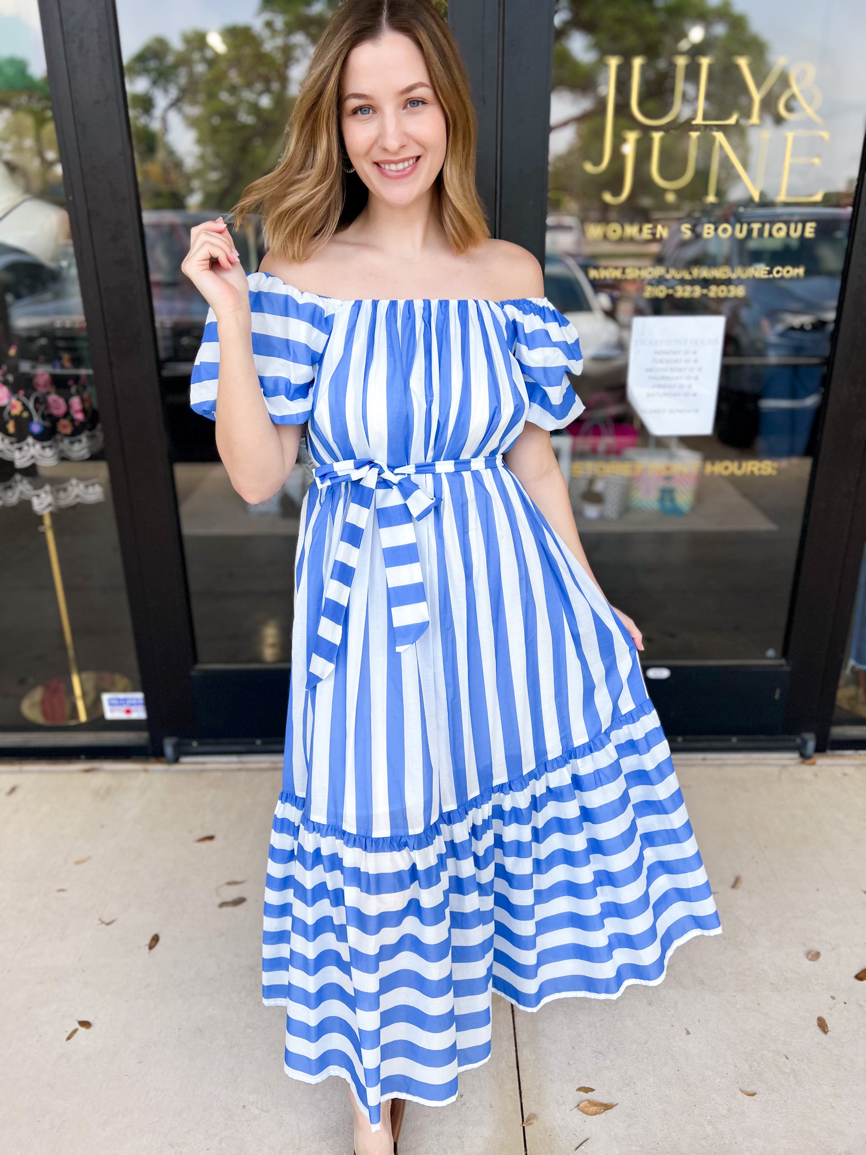 Beauty In Blue Stripes Midi Dress-500 Midi-PINCH-July & June Women's Fashion Boutique Located in San Antonio, Texas