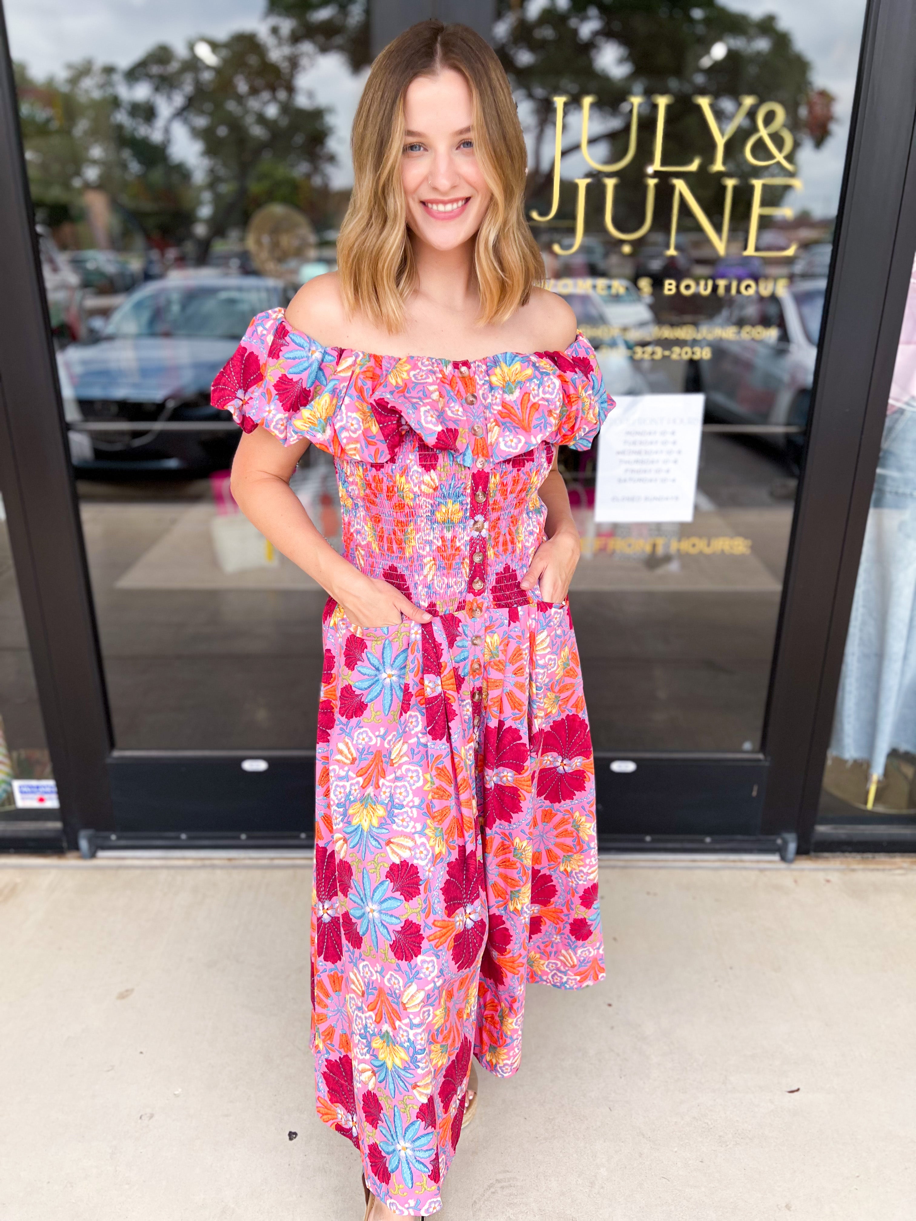 The Callie Floral Off The Shoulder Midi Dress-500 Midi-OLIVACEOUS-July & June Women's Fashion Boutique Located in San Antonio, Texas