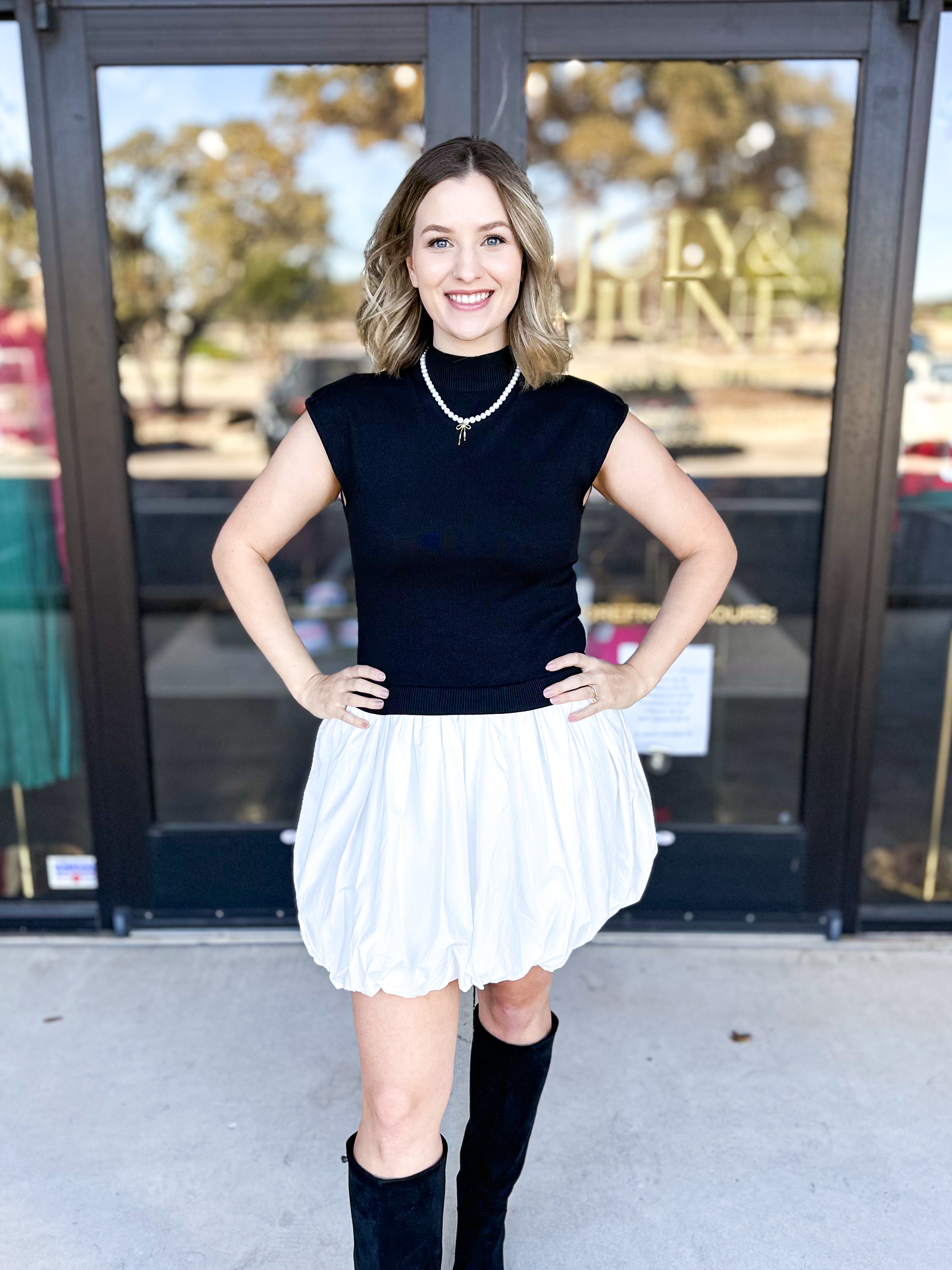 Mock Neck Bubble Mini Hem Mini Dress-510 Mini-ABLE-July & June Women's Fashion Boutique Located in San Antonio, Texas