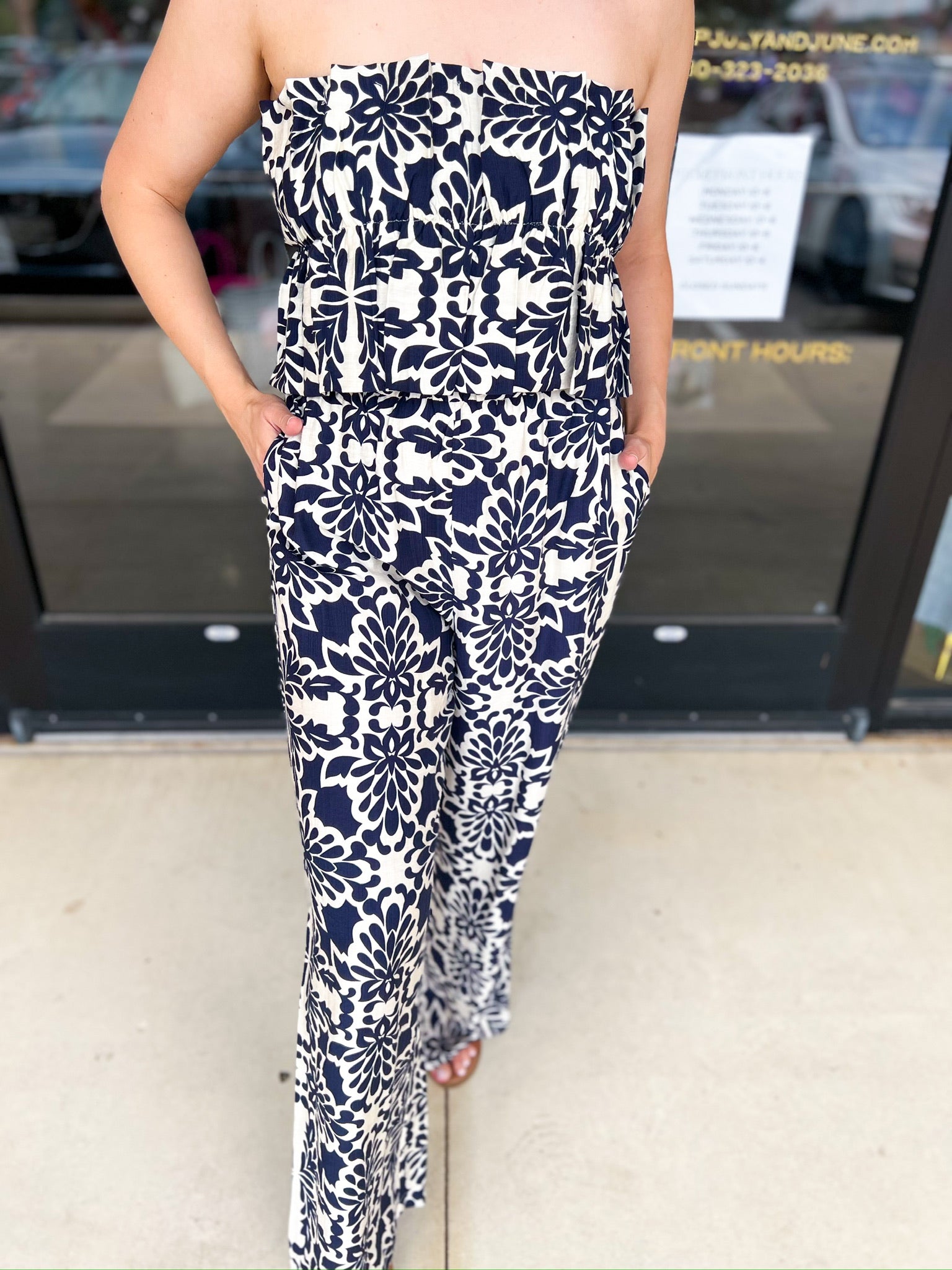 Navy Jumpsuit-500 Midi-SKIES ARE BLUE-July & June Women's Fashion Boutique Located in San Antonio, Texas