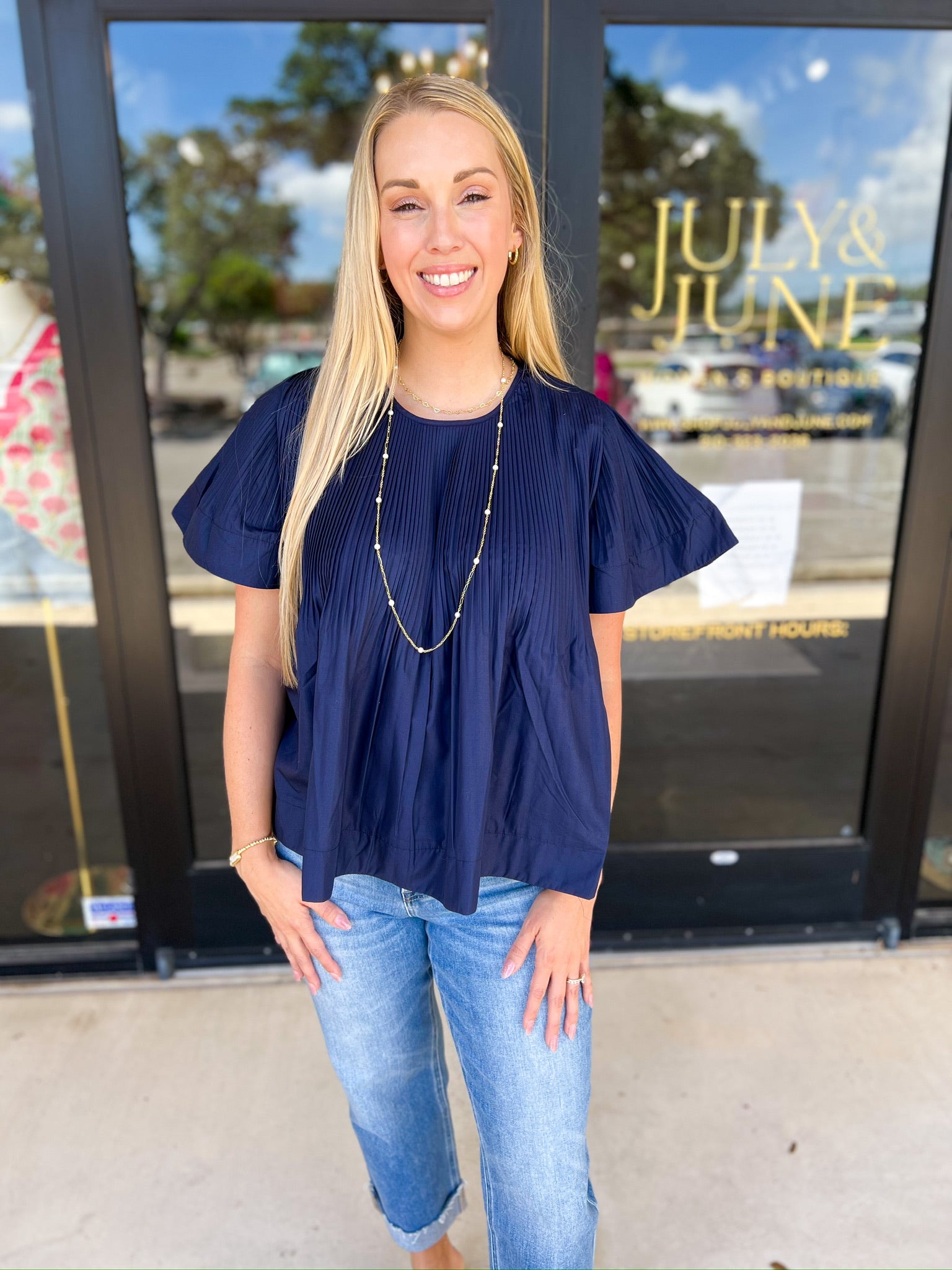 Navy Flutter Blouse-200 Fashion Blouses-PINCH-July & June Women's Fashion Boutique Located in San Antonio, Texas