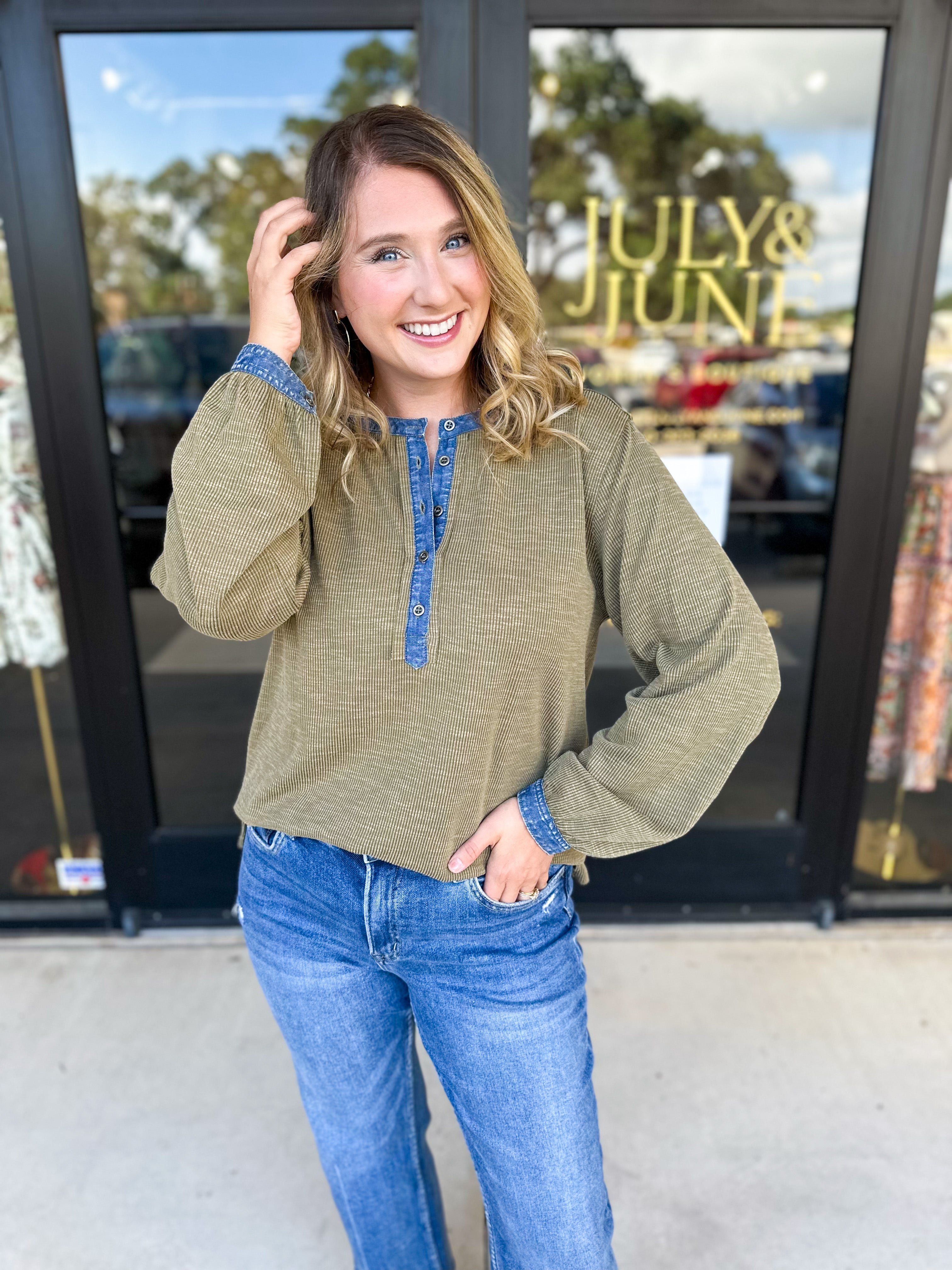 Olive & Denim Details Long Sleeve Top-210 Casual Blouses-JODIFL-July & June Women's Fashion Boutique Located in San Antonio, Texas