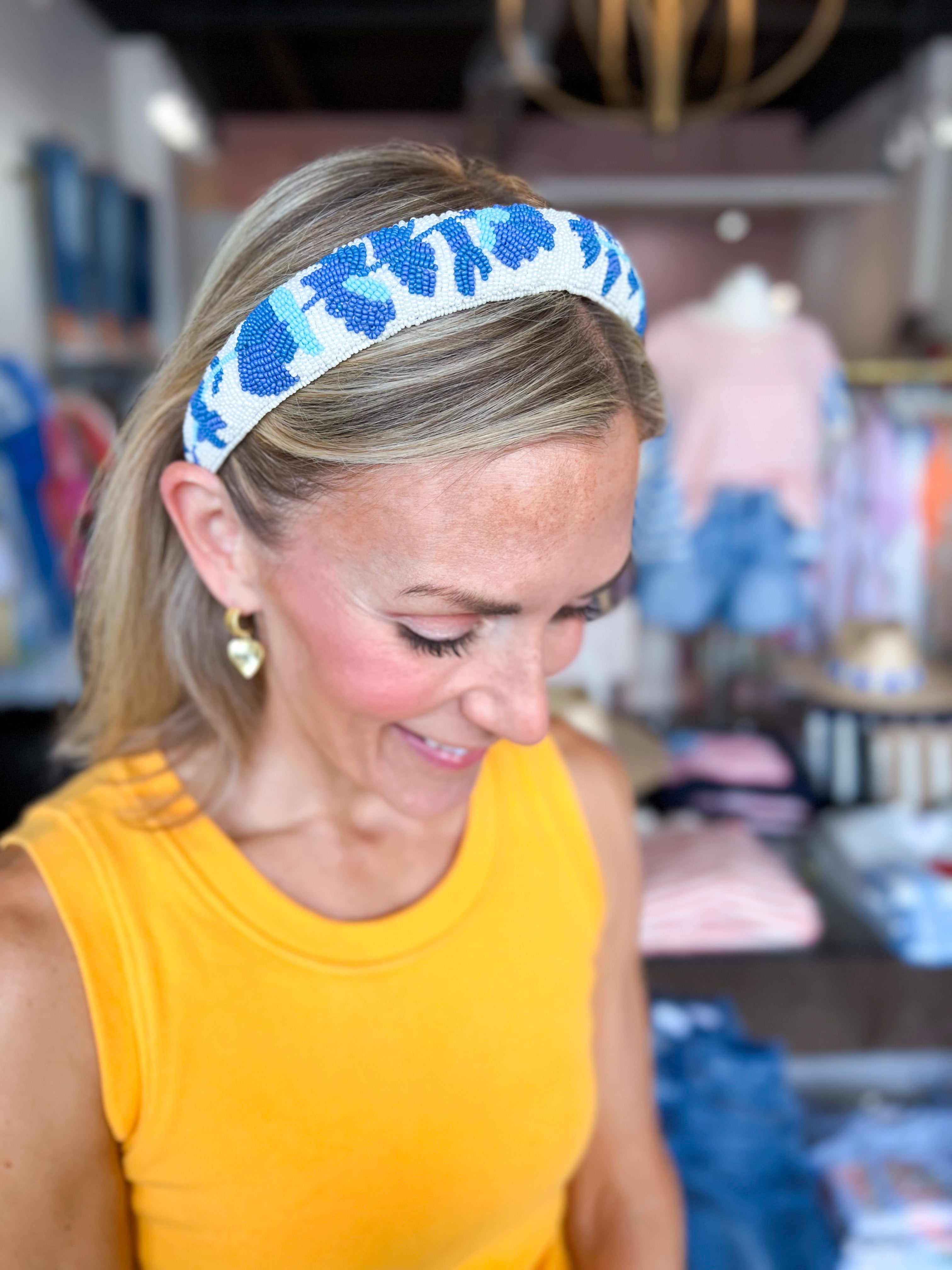 Beaded Blue Floral Headband-130 Accessories-SHIRALEAH-July & June Women's Fashion Boutique Located in San Antonio, Texas