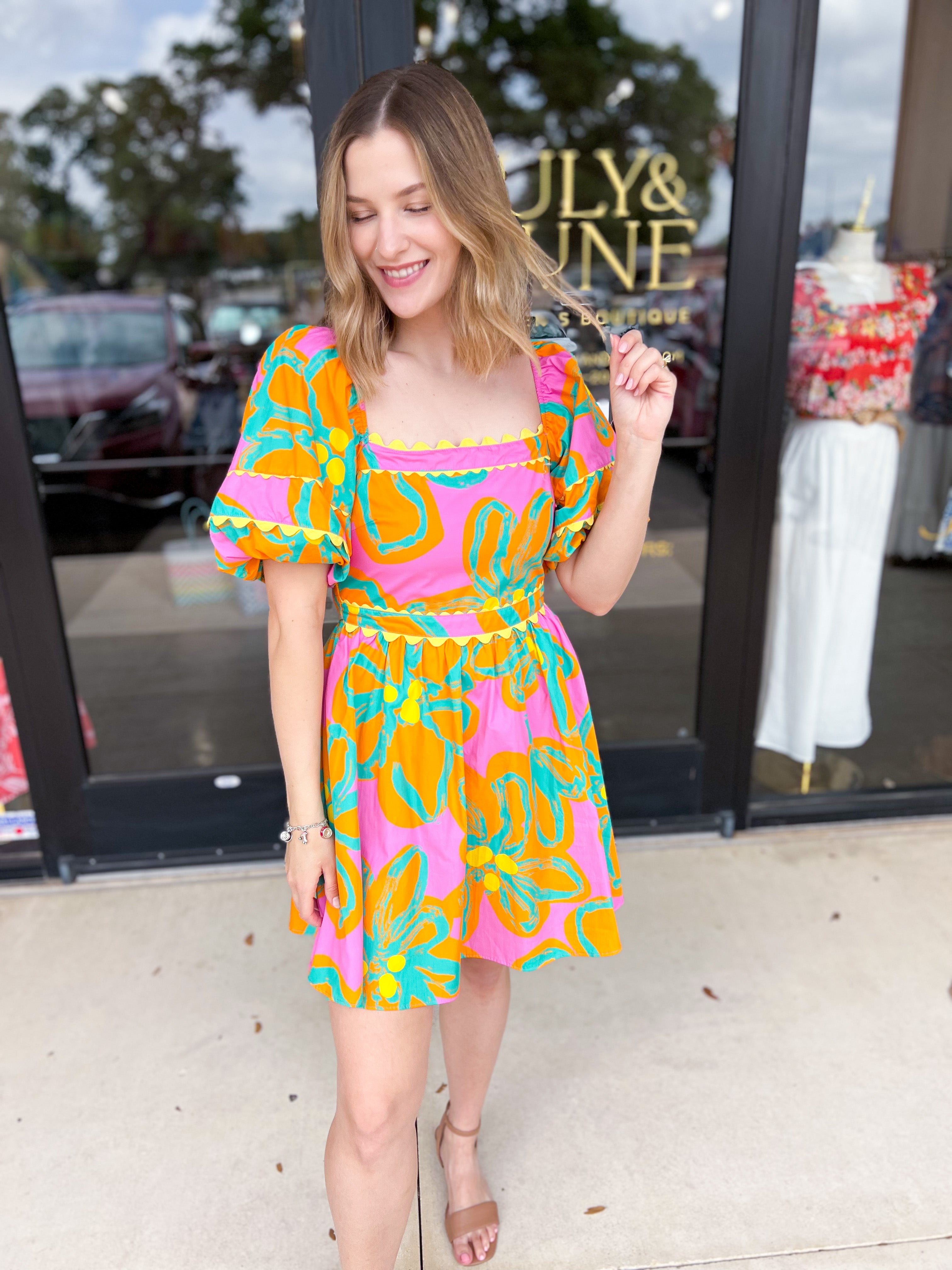 Bold Print Pink & Orange Mini Dress-510 Mini-PEACH LOVE-July & June Women's Fashion Boutique Located in San Antonio, Texas