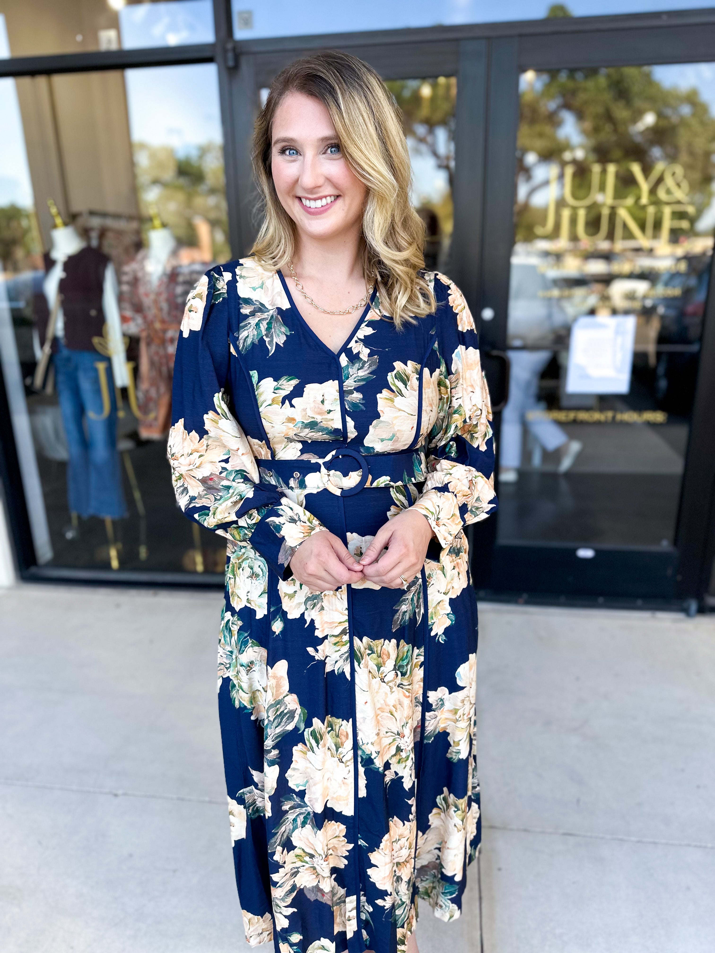 Fall Meadows Midi Dress - Midnight Blue-500 Midi-ENTRO-July & June Women's Fashion Boutique Located in San Antonio, Texas