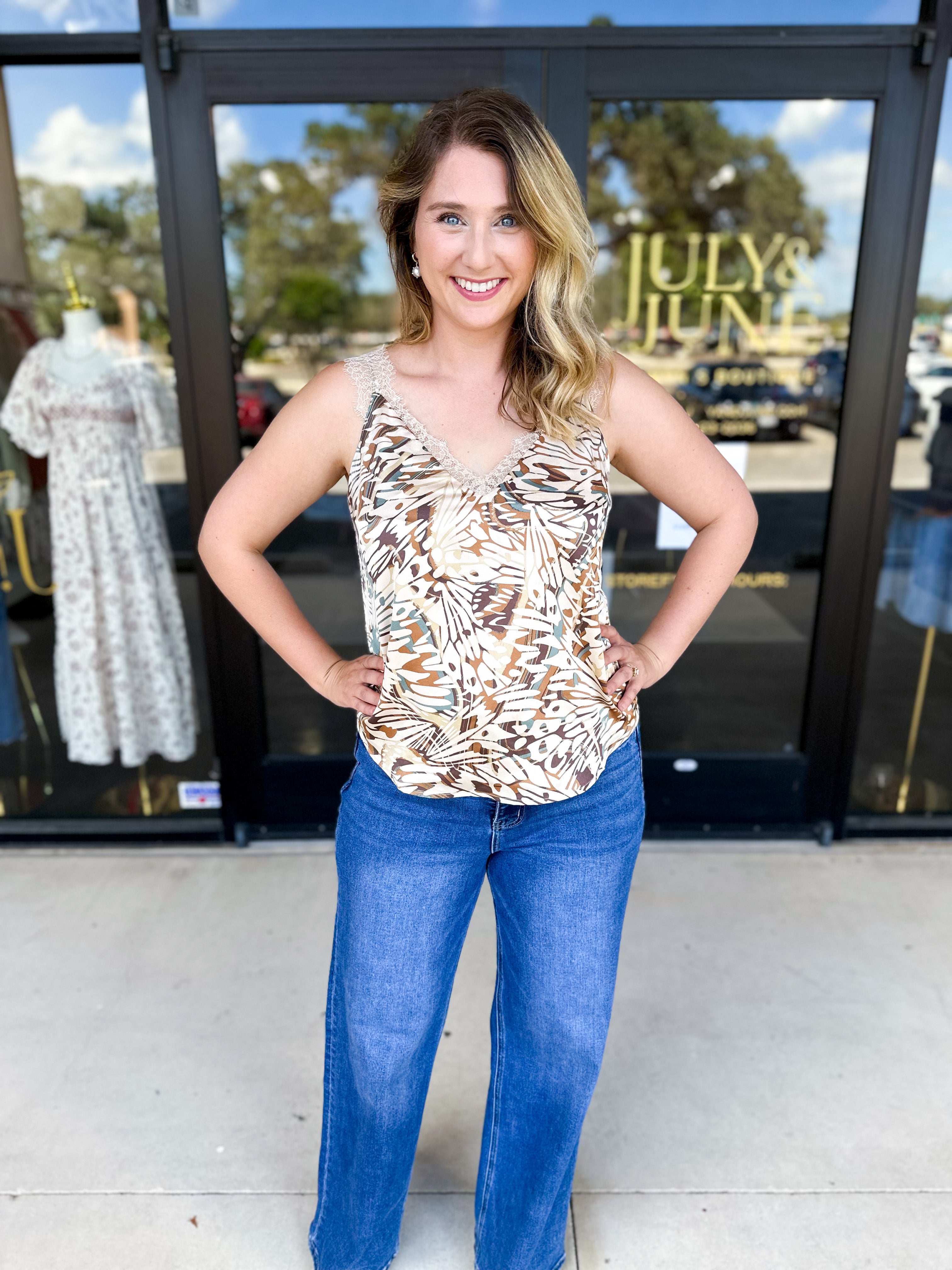 Autumn Abstract Lace Cami-200 Fashion Blouses-SKIES ARE BLUE-July & June Women's Fashion Boutique Located in San Antonio, Texas