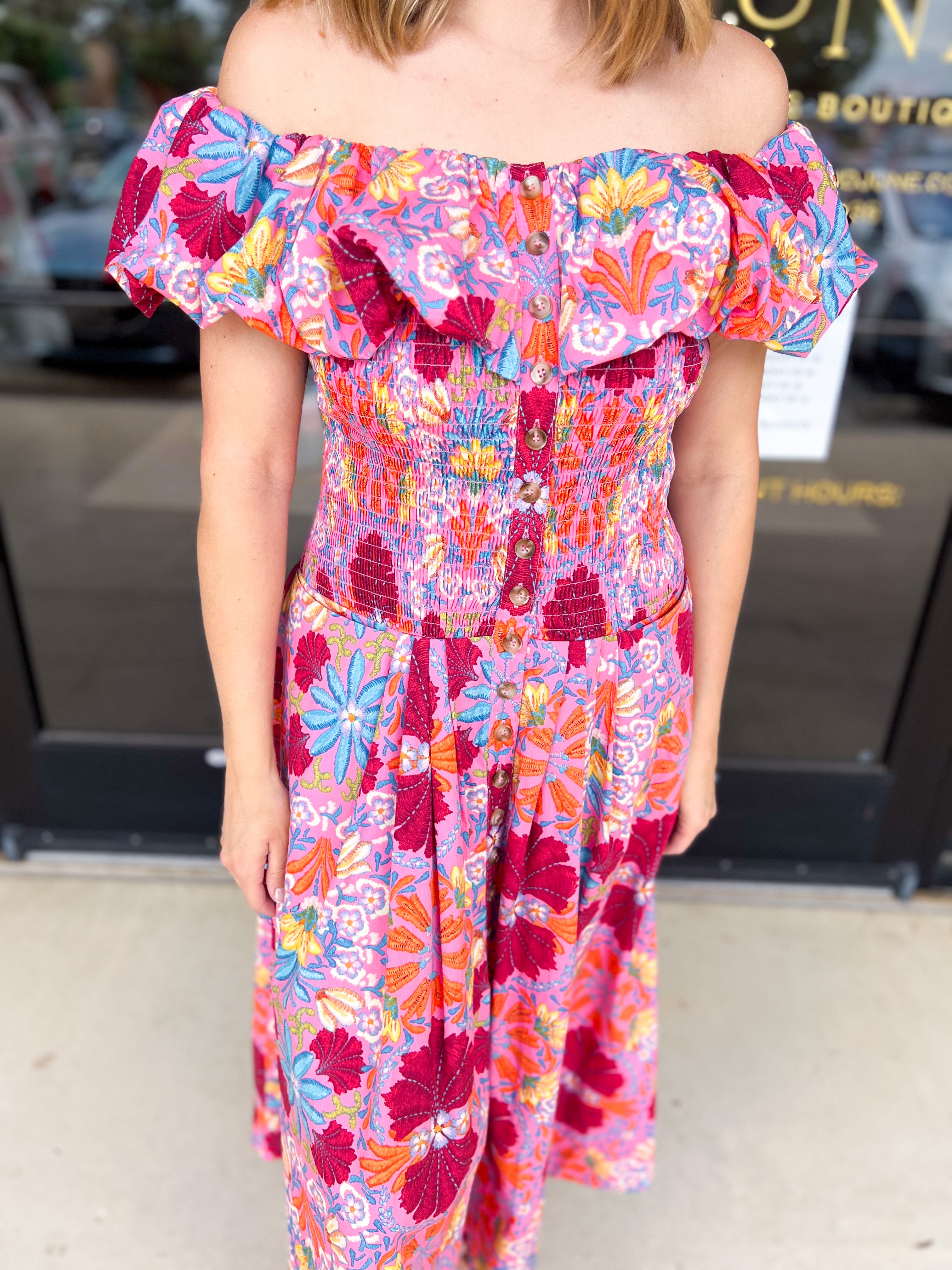 The Callie Floral Off The Shoulder Midi Dress-500 Midi-OLIVACEOUS-July & June Women's Fashion Boutique Located in San Antonio, Texas