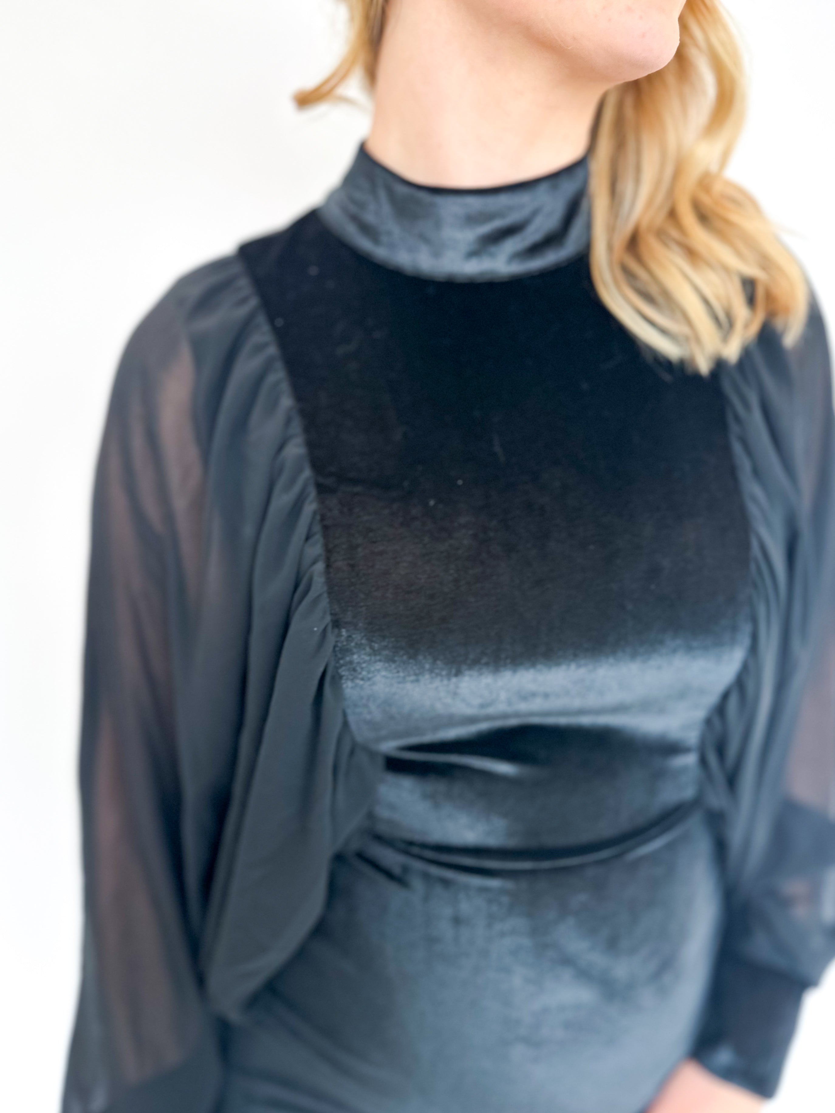 Black Sheer Sleeve Velvet Dress-510 Mini-FATE-July & June Women's Fashion Boutique Located in San Antonio, Texas