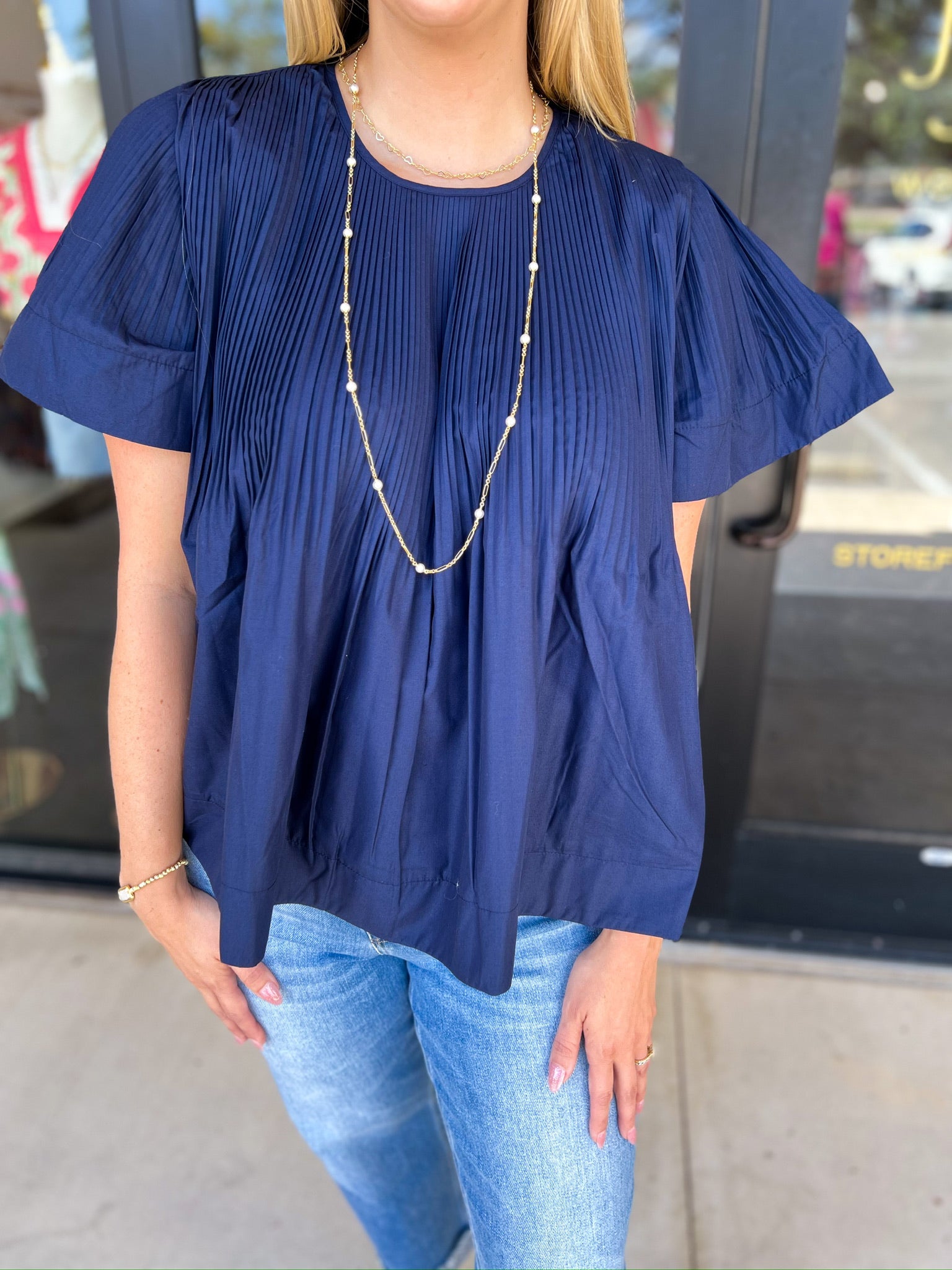 Navy Flutter Blouse-200 Fashion Blouses-PINCH-July & June Women's Fashion Boutique Located in San Antonio, Texas