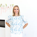 Blue Floral Crochet Blouse-200 Fashion Blouses-ENTRO-July & June Women's Fashion Boutique Located in San Antonio, Texas