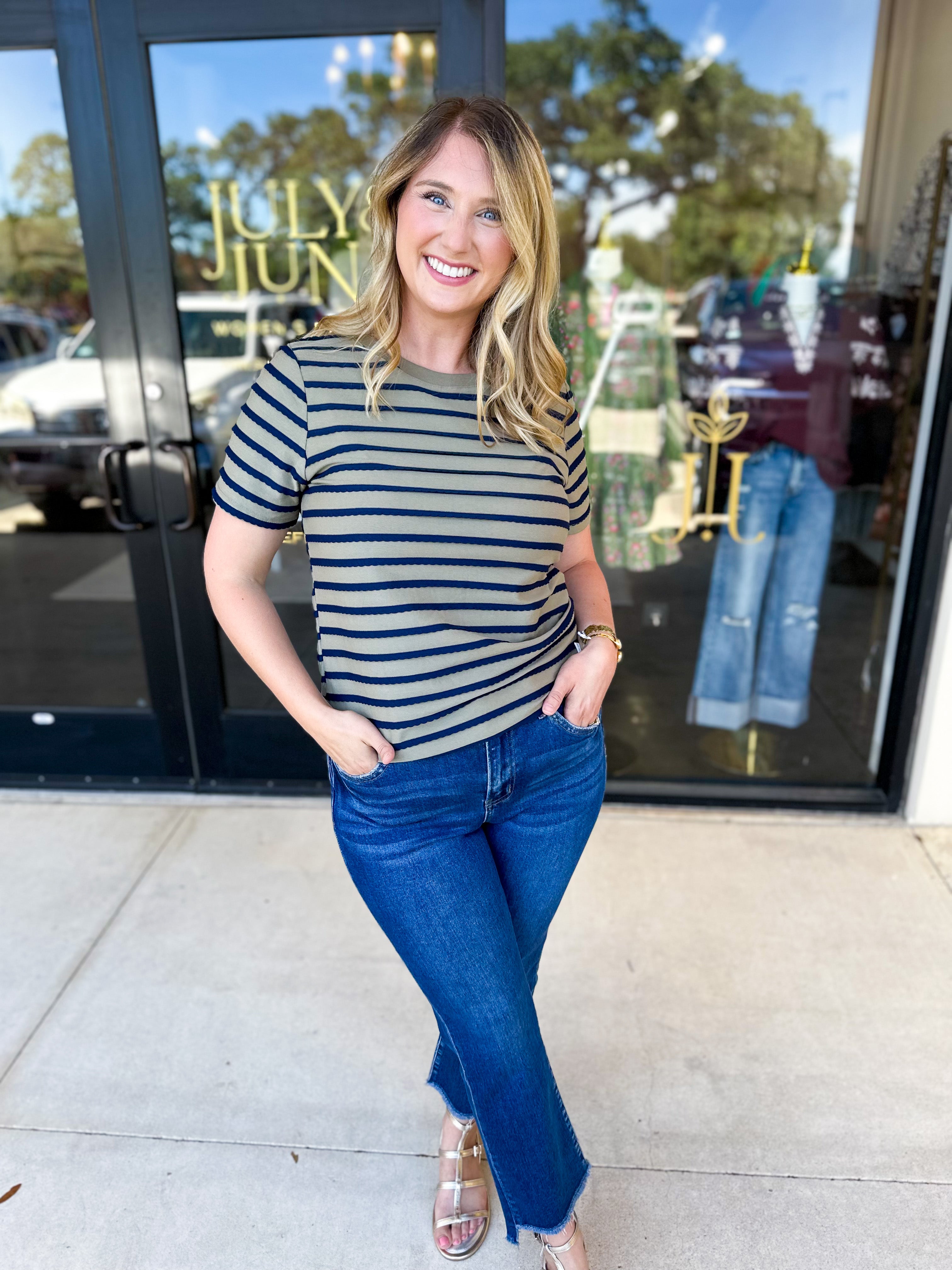 Striped Round Neck Tee - Olive-210 Casual Blouses-POLOGRAM-July & June Women's Fashion Boutique Located in San Antonio, Texas