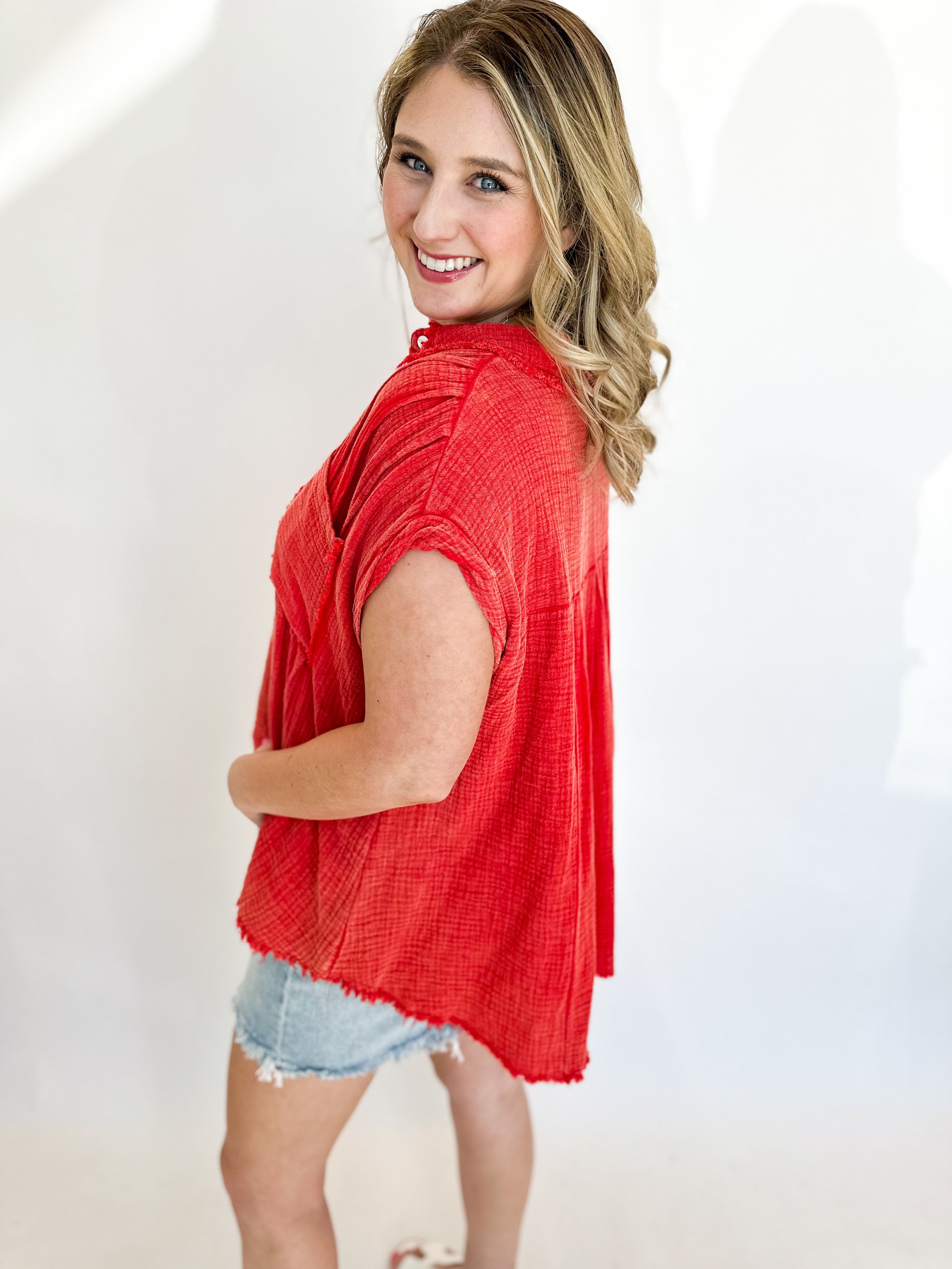 Cherry Red Henley Blouse-200 Fashion Blouses-FANTASTIC FAWN-July & June Women's Fashion Boutique Located in San Antonio, Texas