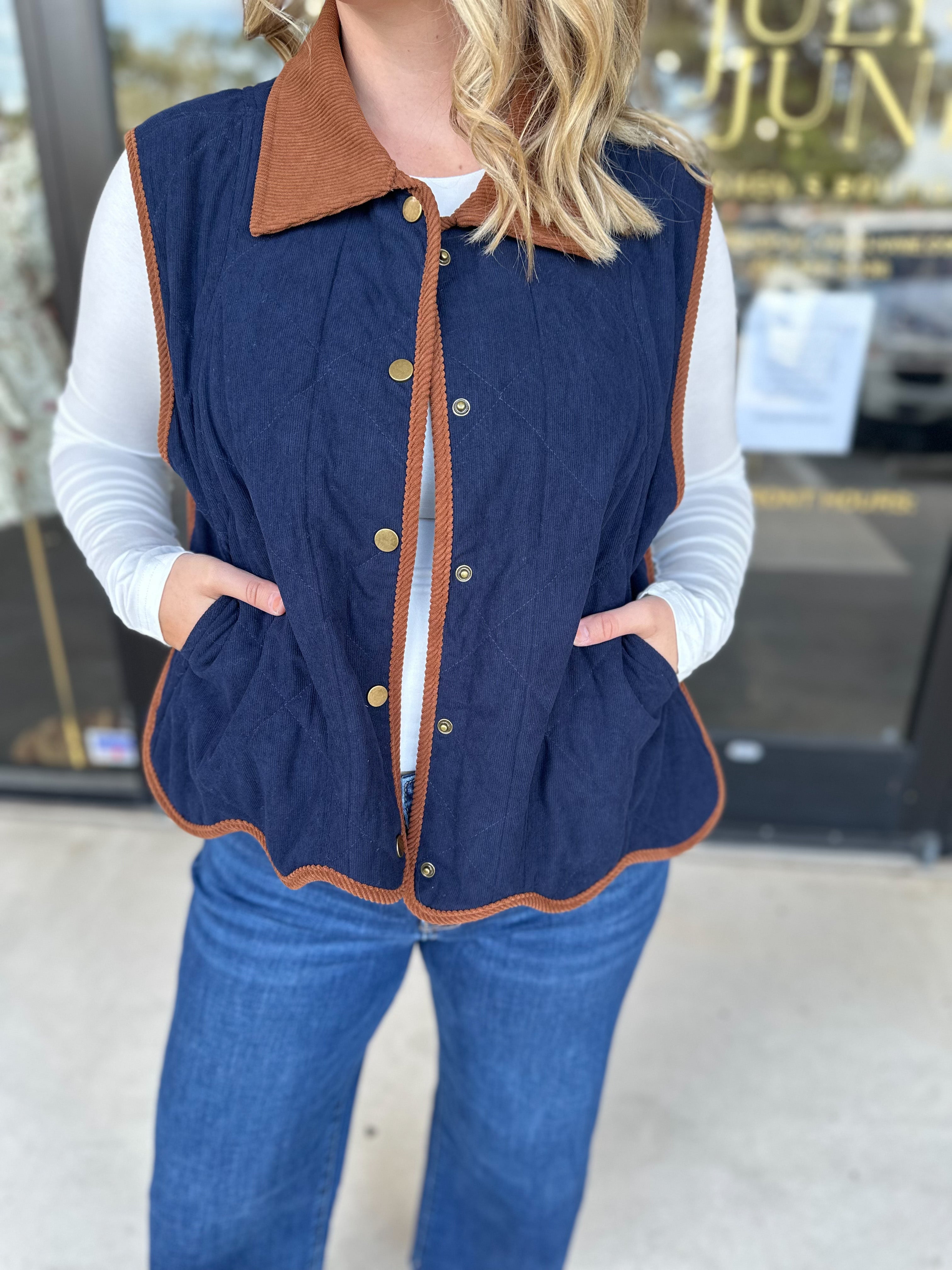 Navy & Suede Vest-600 Outerwear-ENTRO-July & June Women's Fashion Boutique Located in San Antonio, Texas