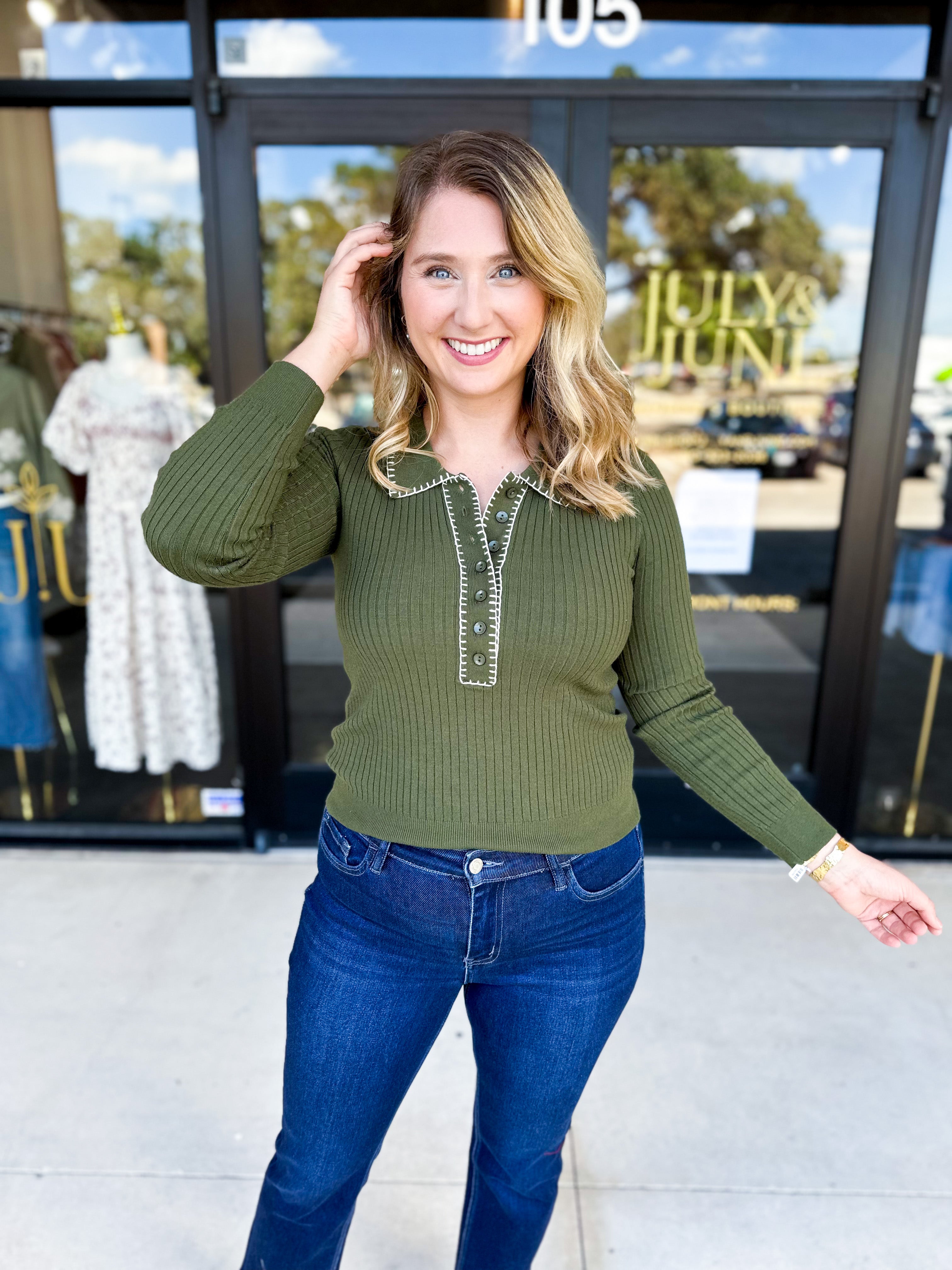 Tailored Knit Long Sleeve - Olive-230 Sweaters/Cardis-LISTICLE-July & June Women's Fashion Boutique Located in San Antonio, Texas