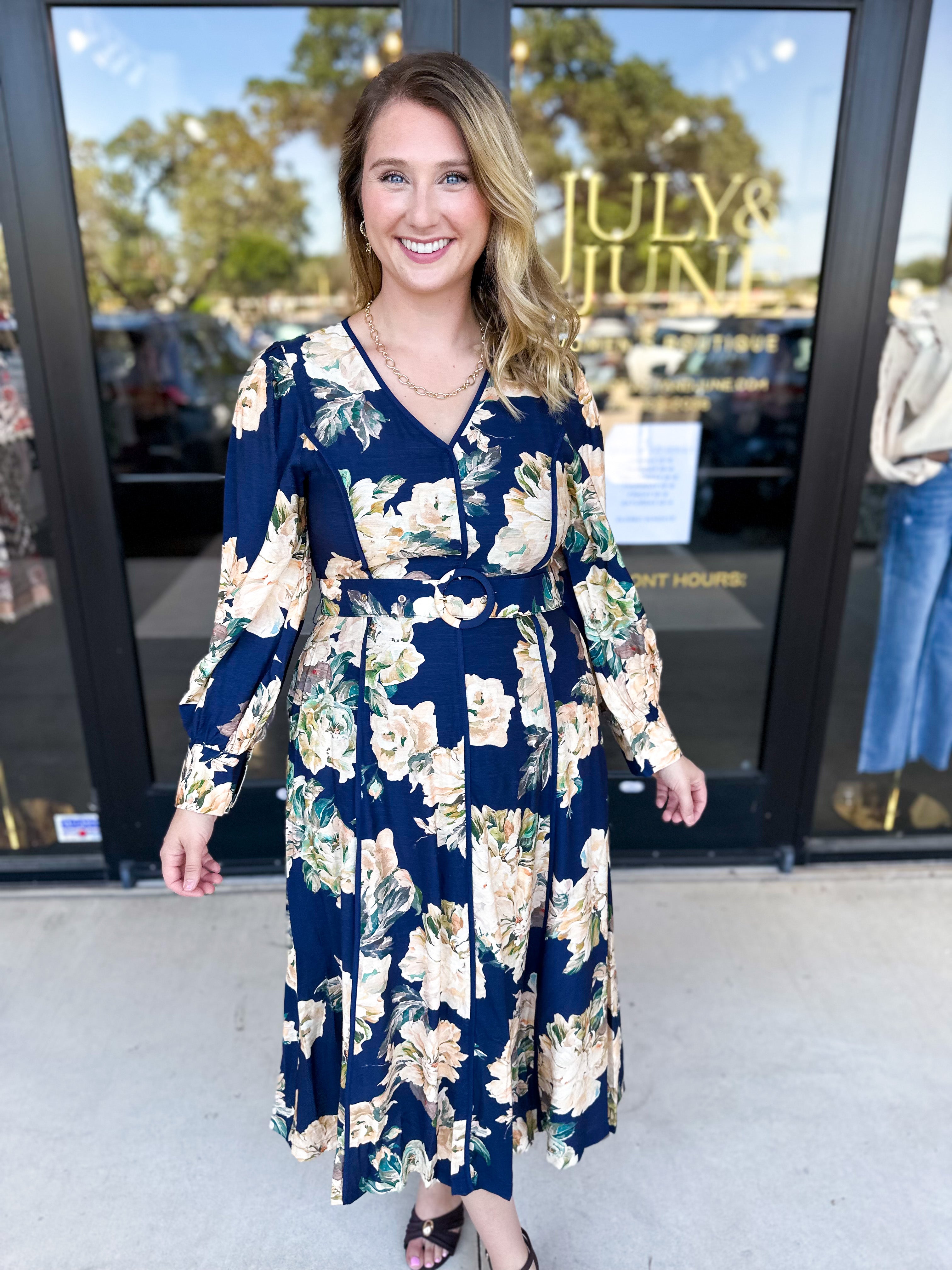 Fall Meadows Midi Dress - Midnight Blue-500 Midi-ENTRO-July & June Women's Fashion Boutique Located in San Antonio, Texas