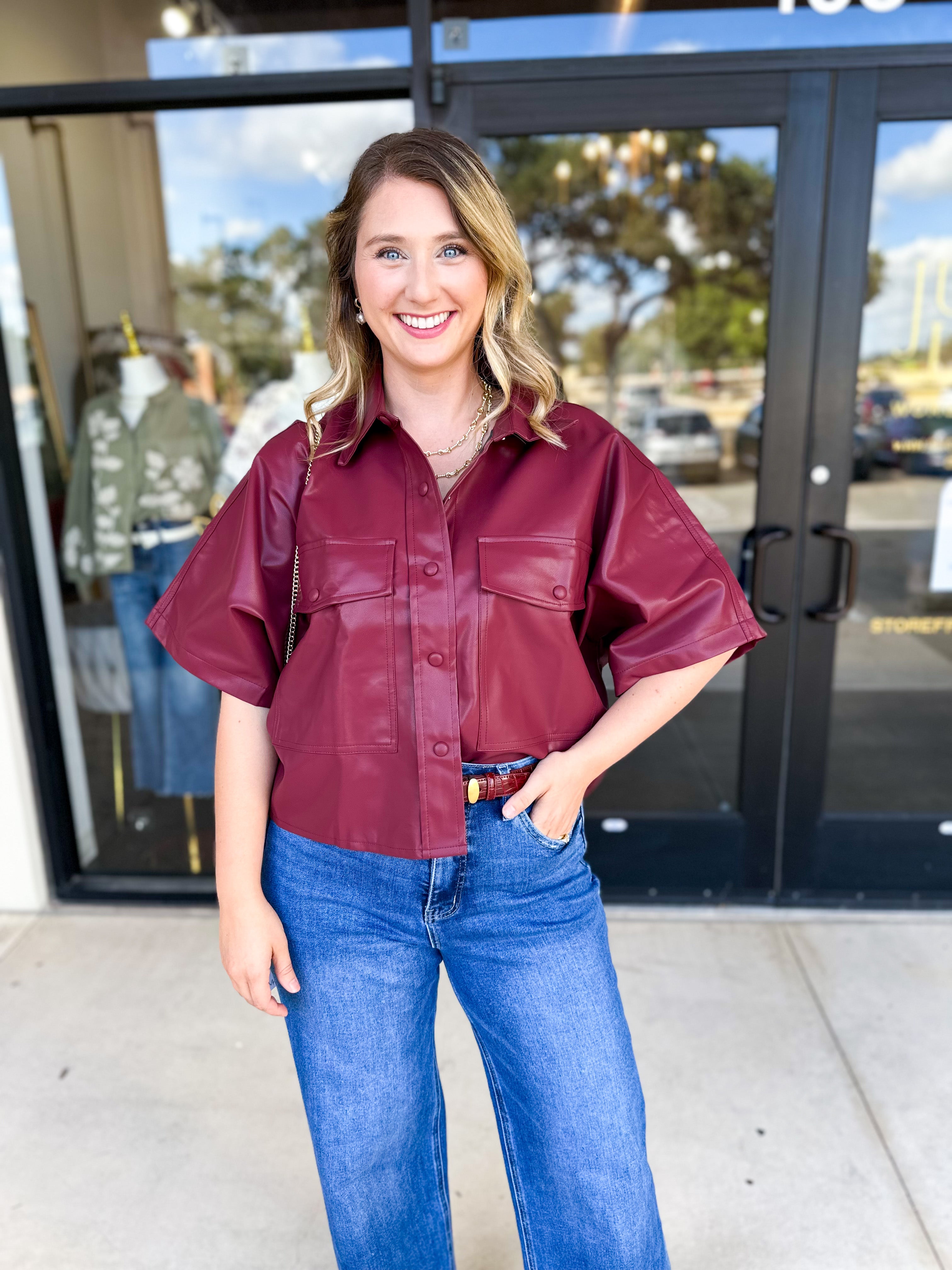 Utility Shirt Jacket - Wine-200 Fashion Blouses-GLAM-July & June Women's Fashion Boutique Located in San Antonio, Texas