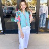 THML - Spring Florals Embroidered Blouse- Light Blue-200 Fashion Blouses-THML-July & June Women's Fashion Boutique Located in San Antonio, Texas