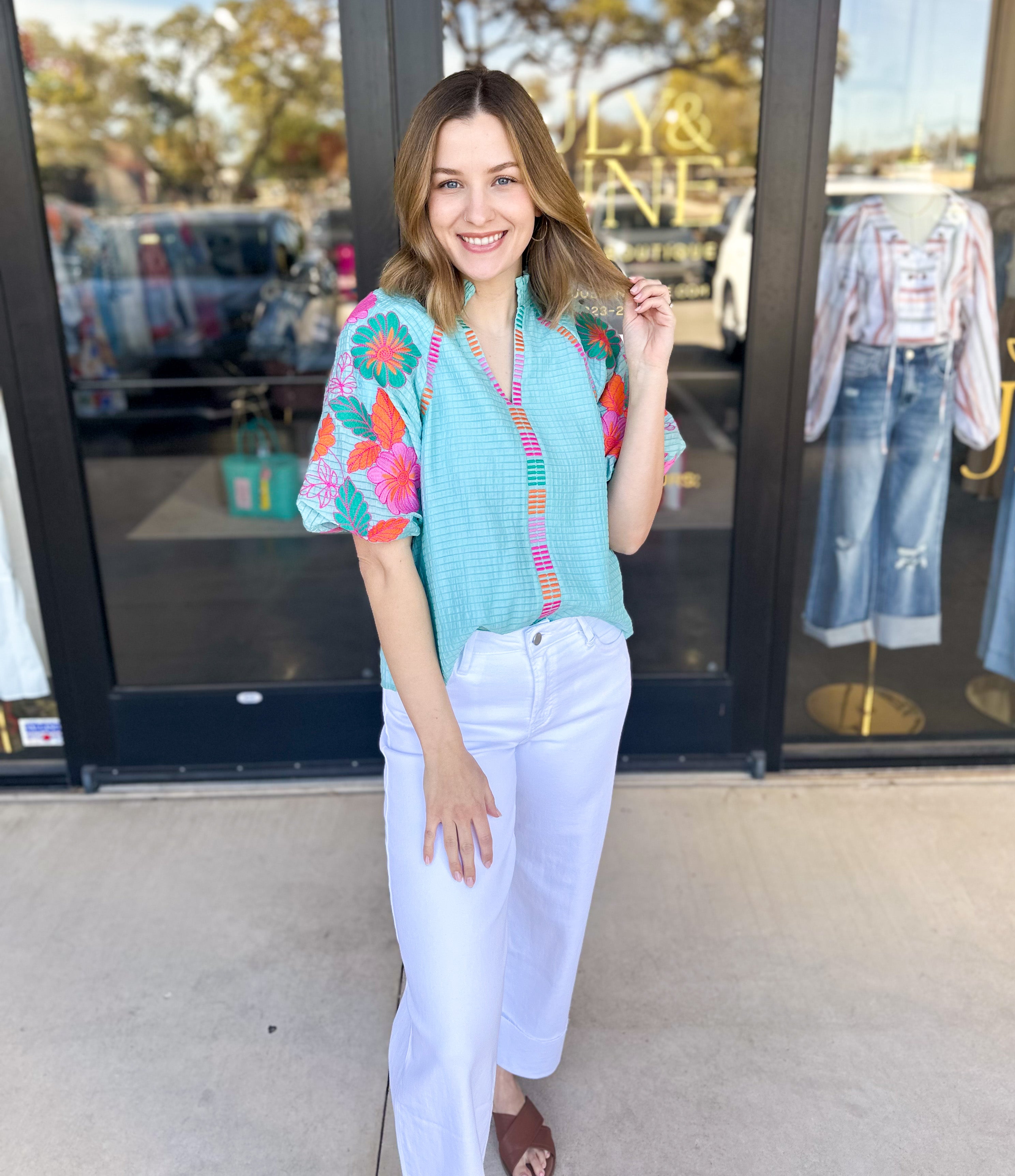 THML - Spring Florals Embroidered Blouse- Light Blue-200 Fashion Blouses-THML-July & June Women's Fashion Boutique Located in San Antonio, Texas