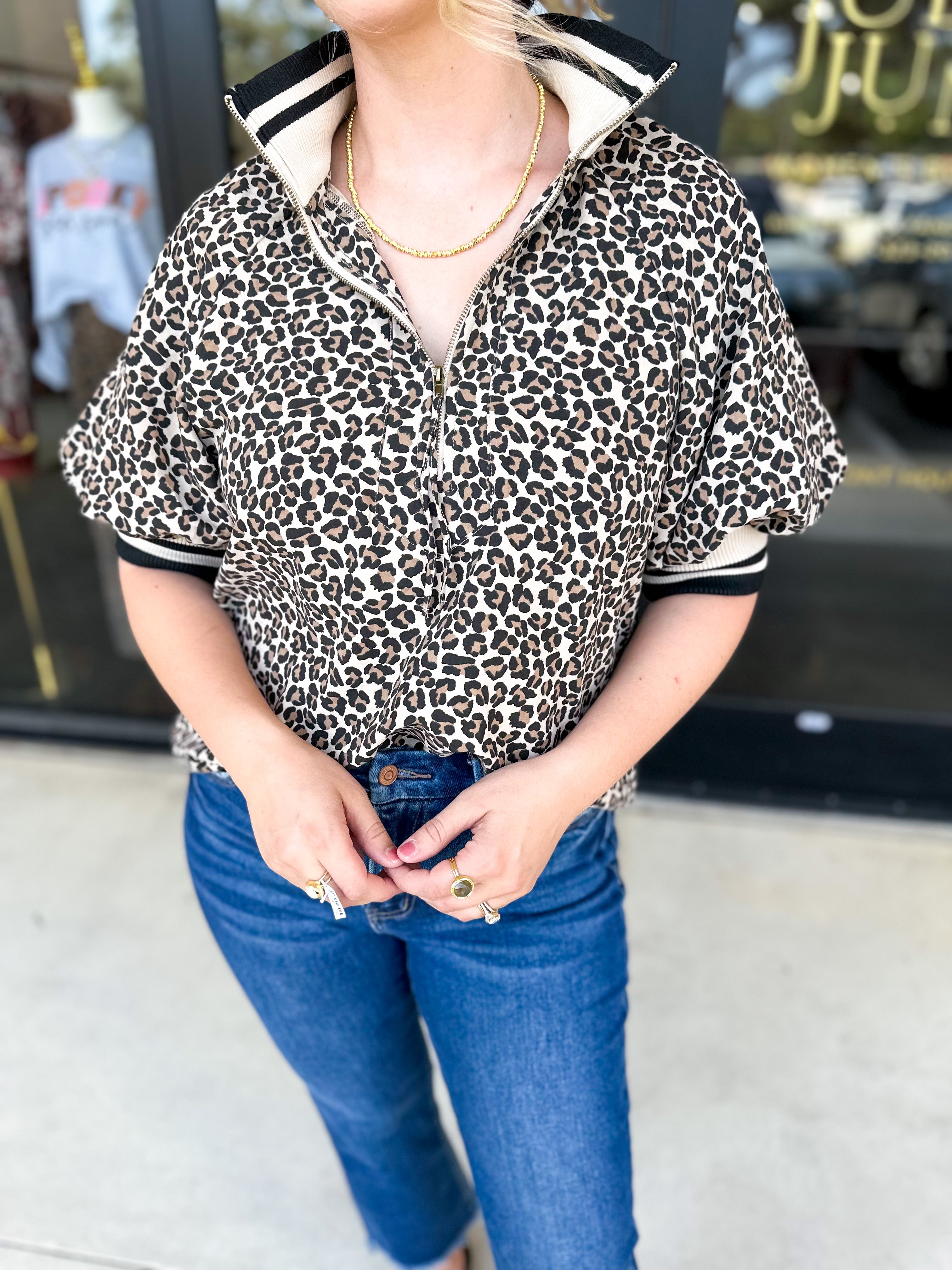 Zip Up Cheetah Top-200 Fashion Blouses-ENTRO-July & June Women's Fashion Boutique Located in San Antonio, Texas