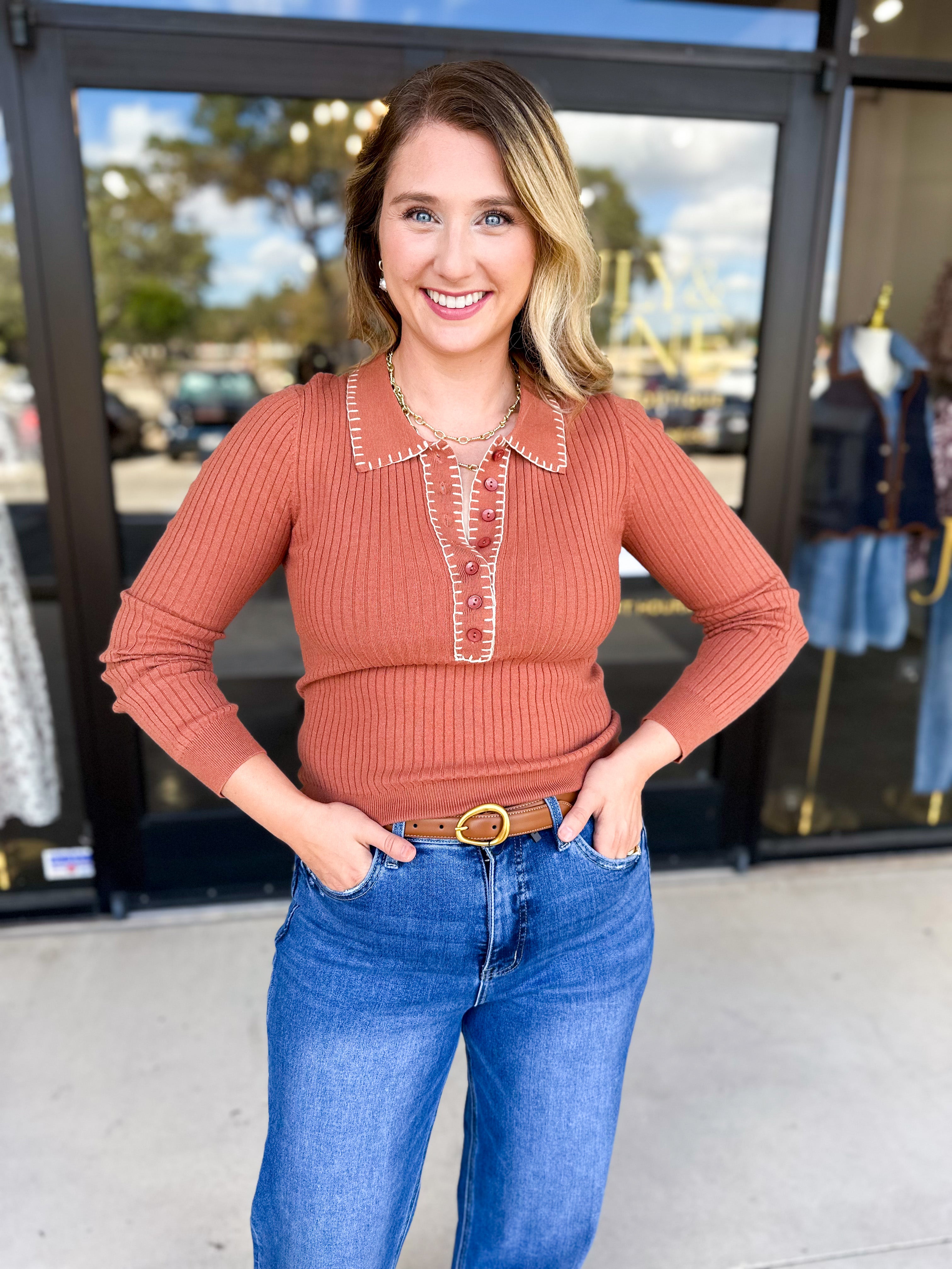 Tailored Knit Long Sleeve - Rust-230 Sweaters/Cardis-LISTICLE-July & June Women's Fashion Boutique Located in San Antonio, Texas