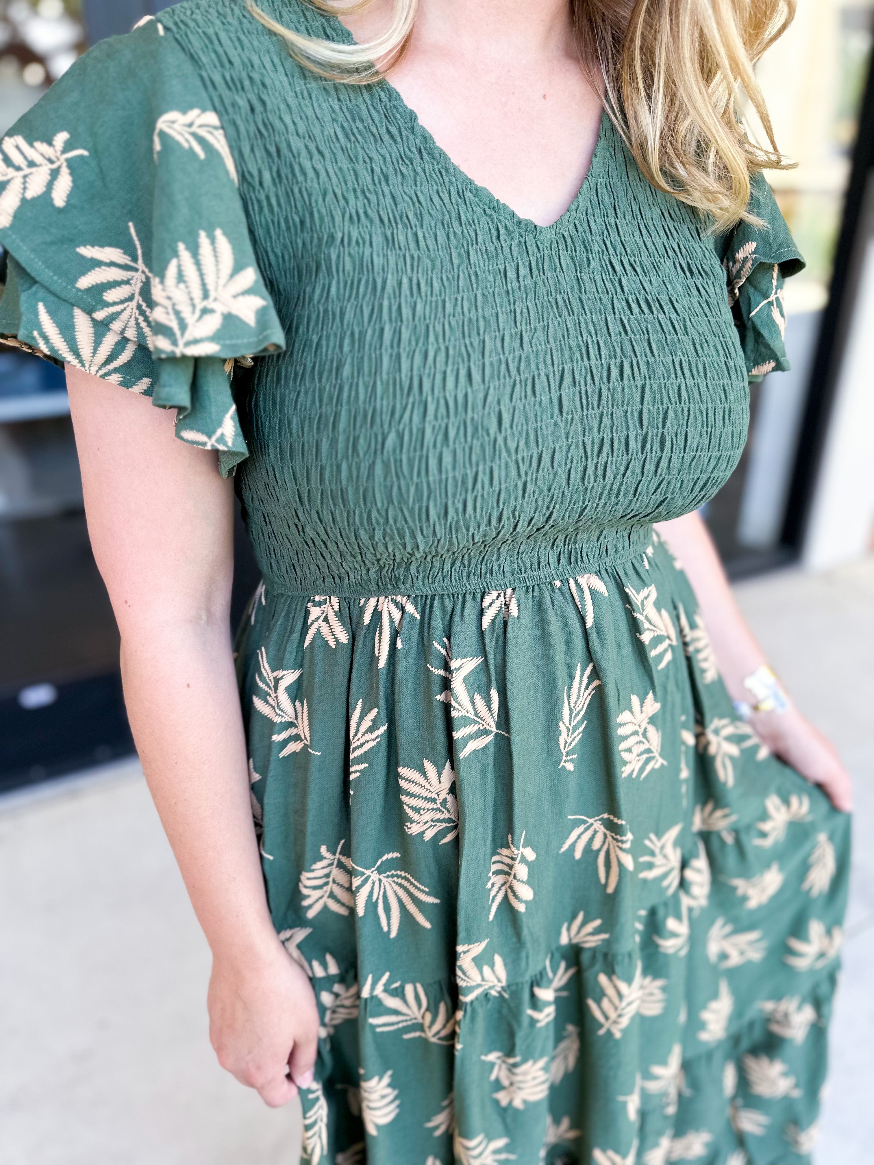 Dusty Green Embroidered Midi Dress-500 Midi-POLOGRAM-July & June Women's Fashion Boutique Located in San Antonio, Texas