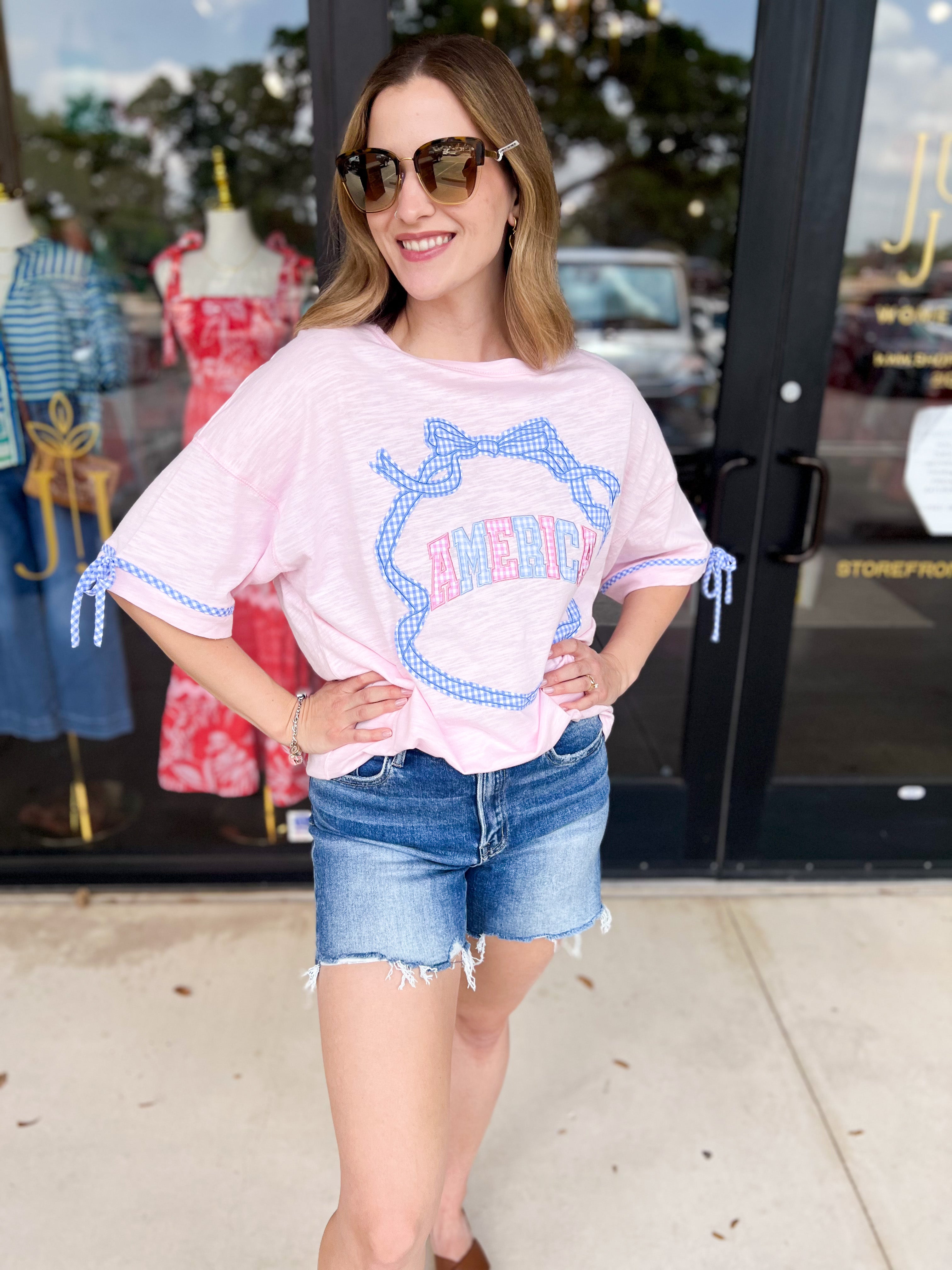 Pink Gingham USA Tee-210 Casual Blouses-PEACH LOVE-July & June Women's Fashion Boutique Located in San Antonio, Texas