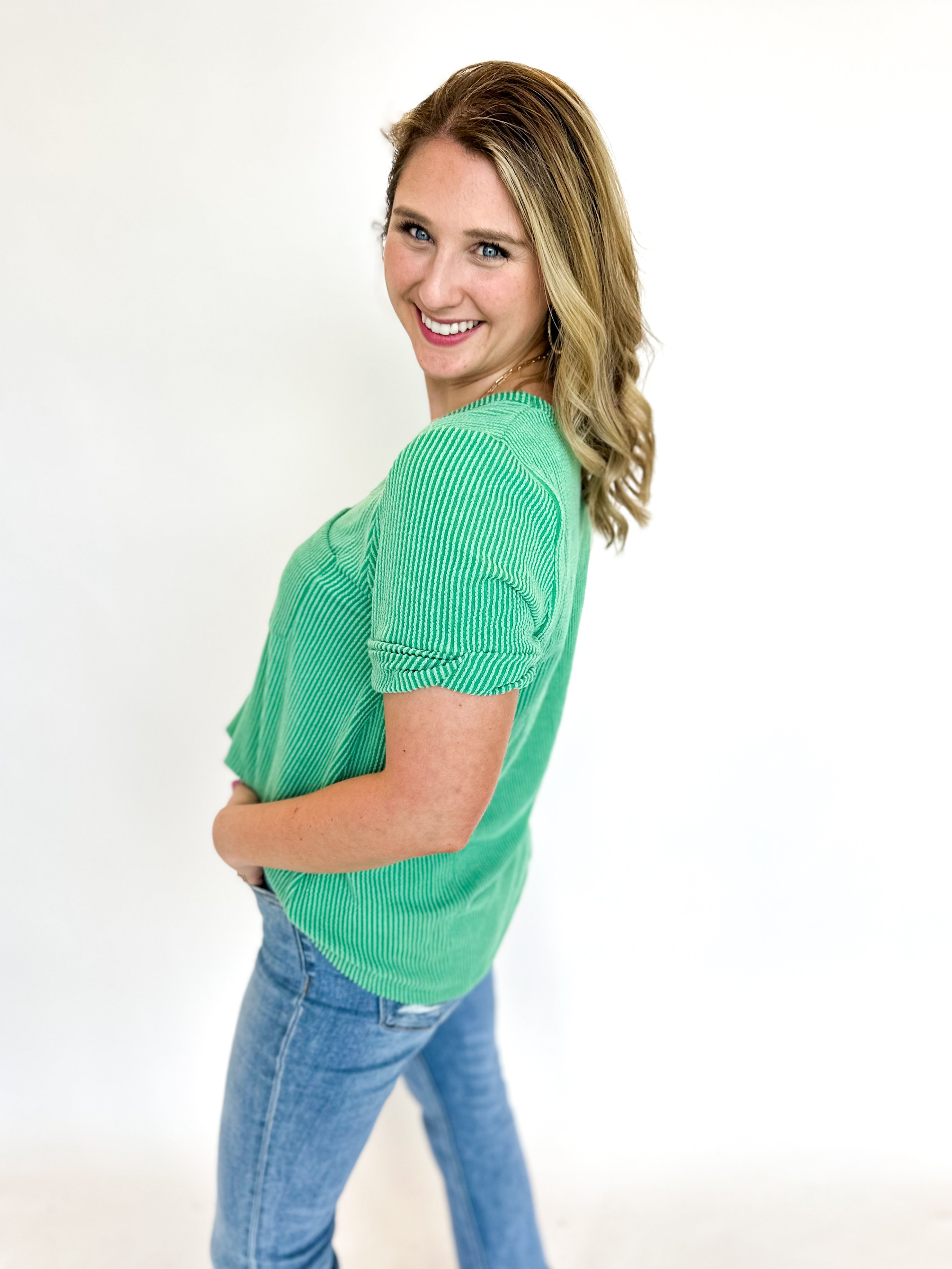 Ribbed V-Neck Tee - Jade Green-210 Casual Blouses-ENTRO-July & June Women's Fashion Boutique Located in San Antonio, Texas