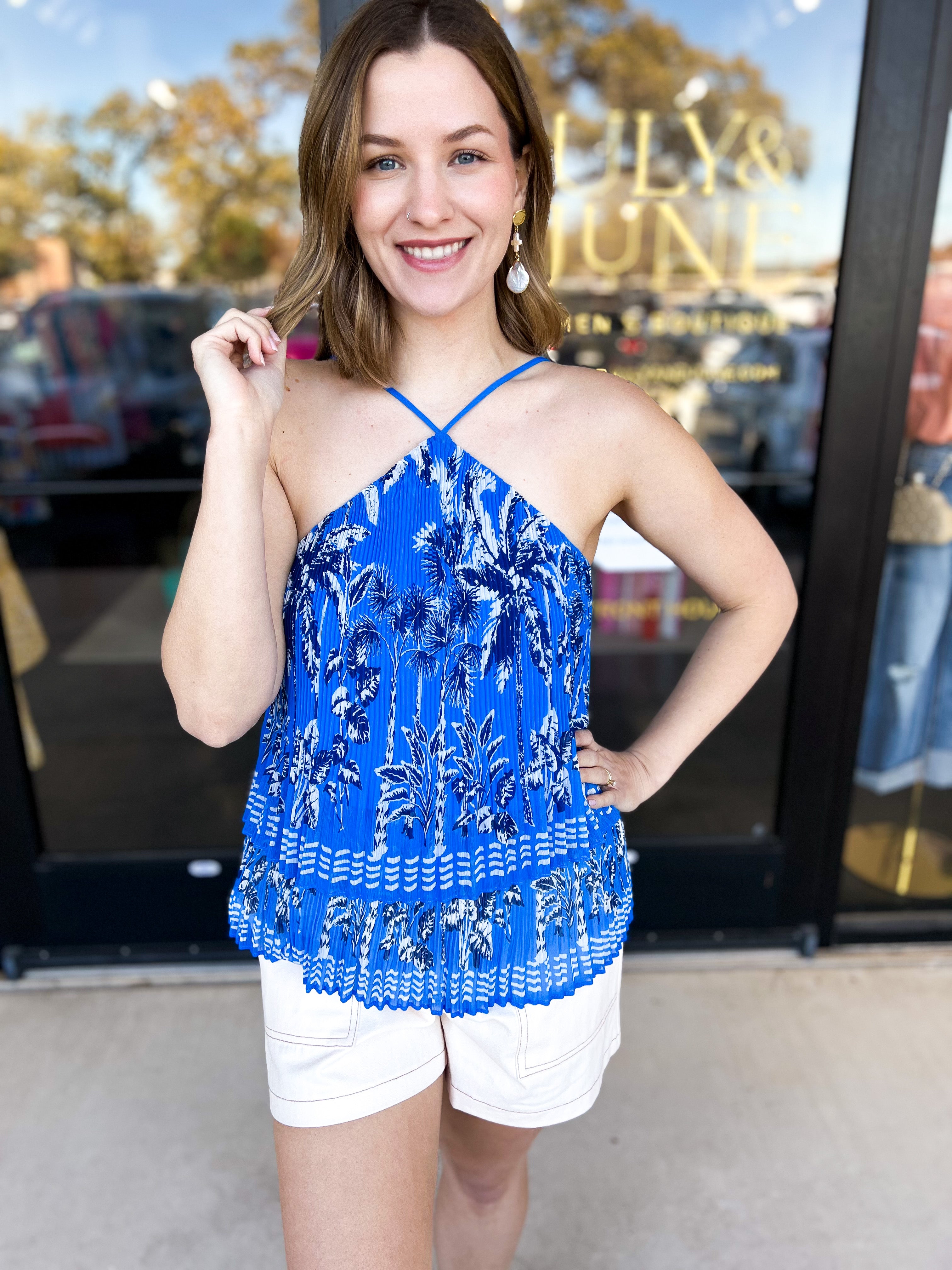 Beachside Halter Cami-200 Fashion Blouses-SKIES ARE BLUE-July & June Women's Fashion Boutique Located in San Antonio, Texas