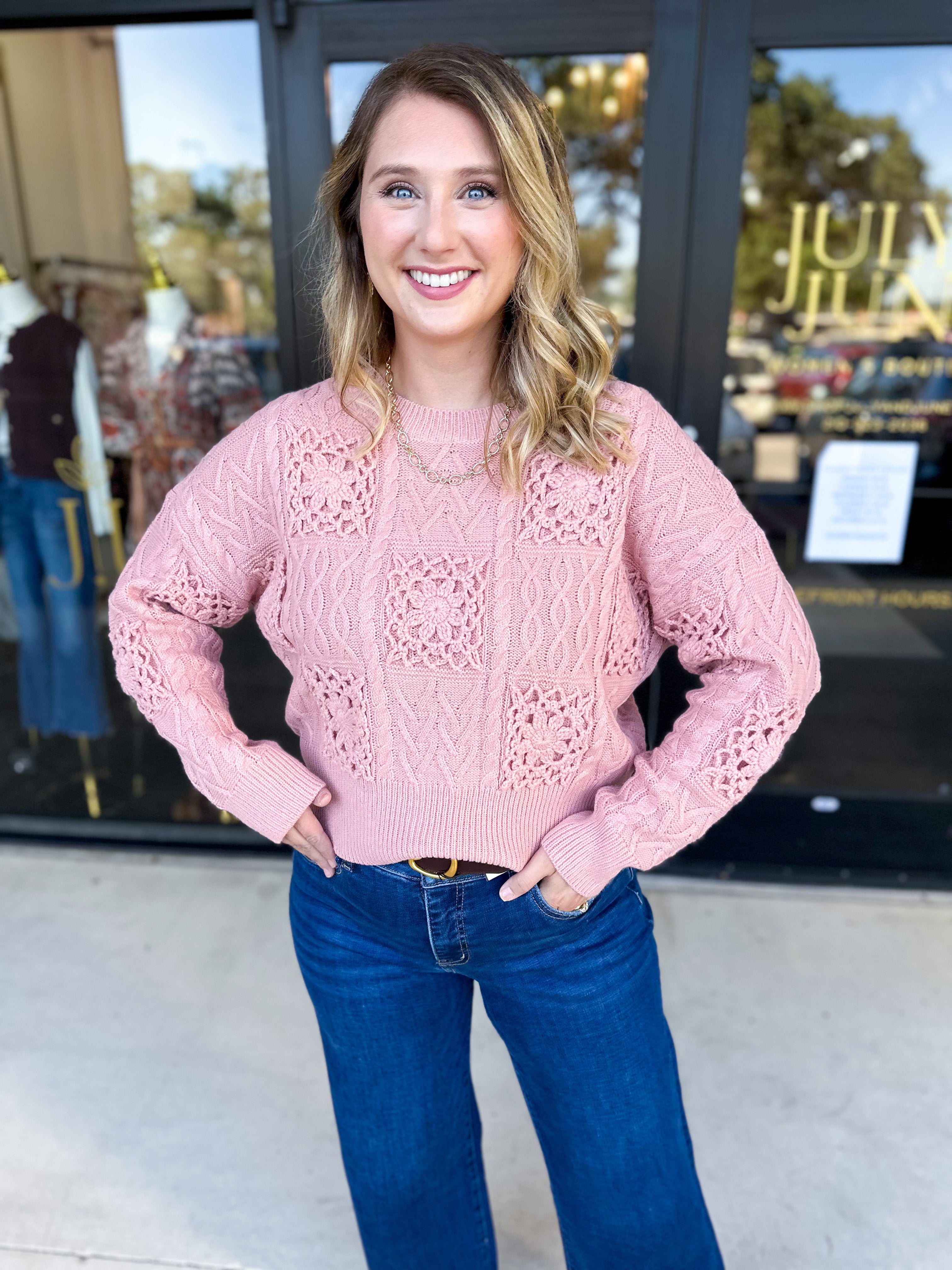 Blush Crochet Sweater-230 Sweaters/Cardis-LISTICLE-July & June Women's Fashion Boutique Located in San Antonio, Texas