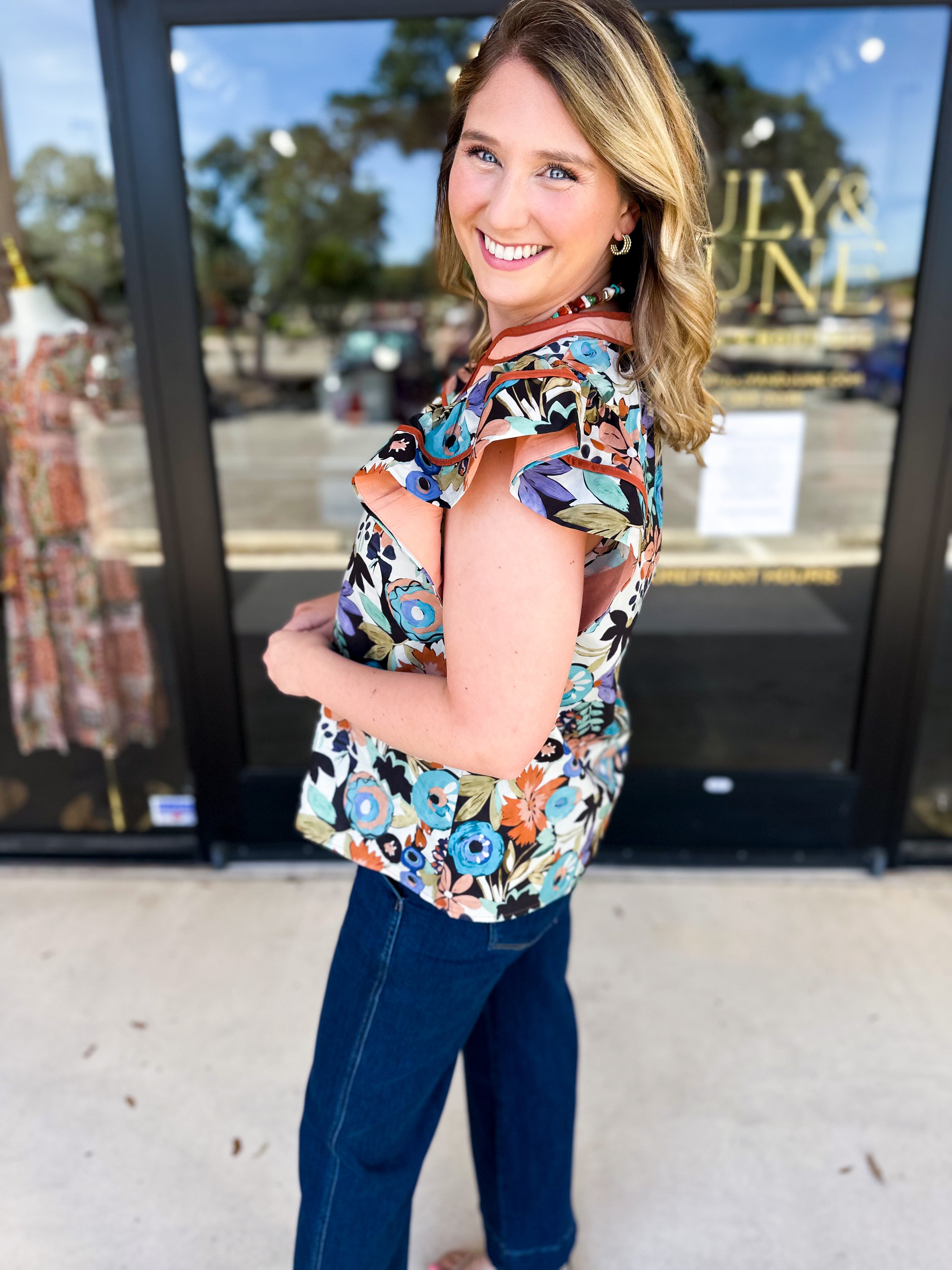 Fun In Fall Florals Blouse-200 Fashion Blouses-ENTRO-July & June Women's Fashion Boutique Located in San Antonio, Texas