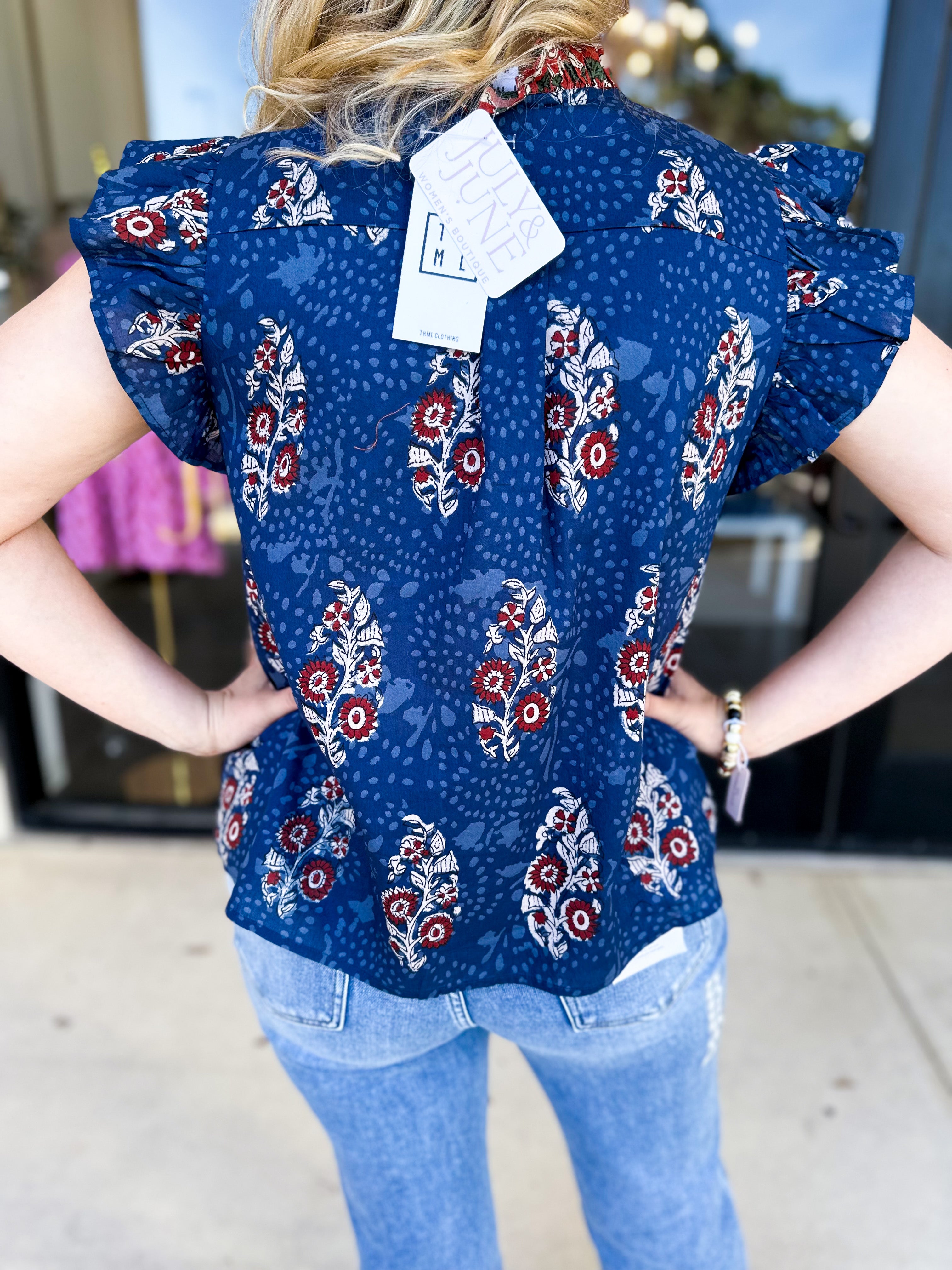 THML - Navy & Rust Blouse-200 Fashion Blouses-THML-July & June Women's Fashion Boutique Located in San Antonio, Texas
