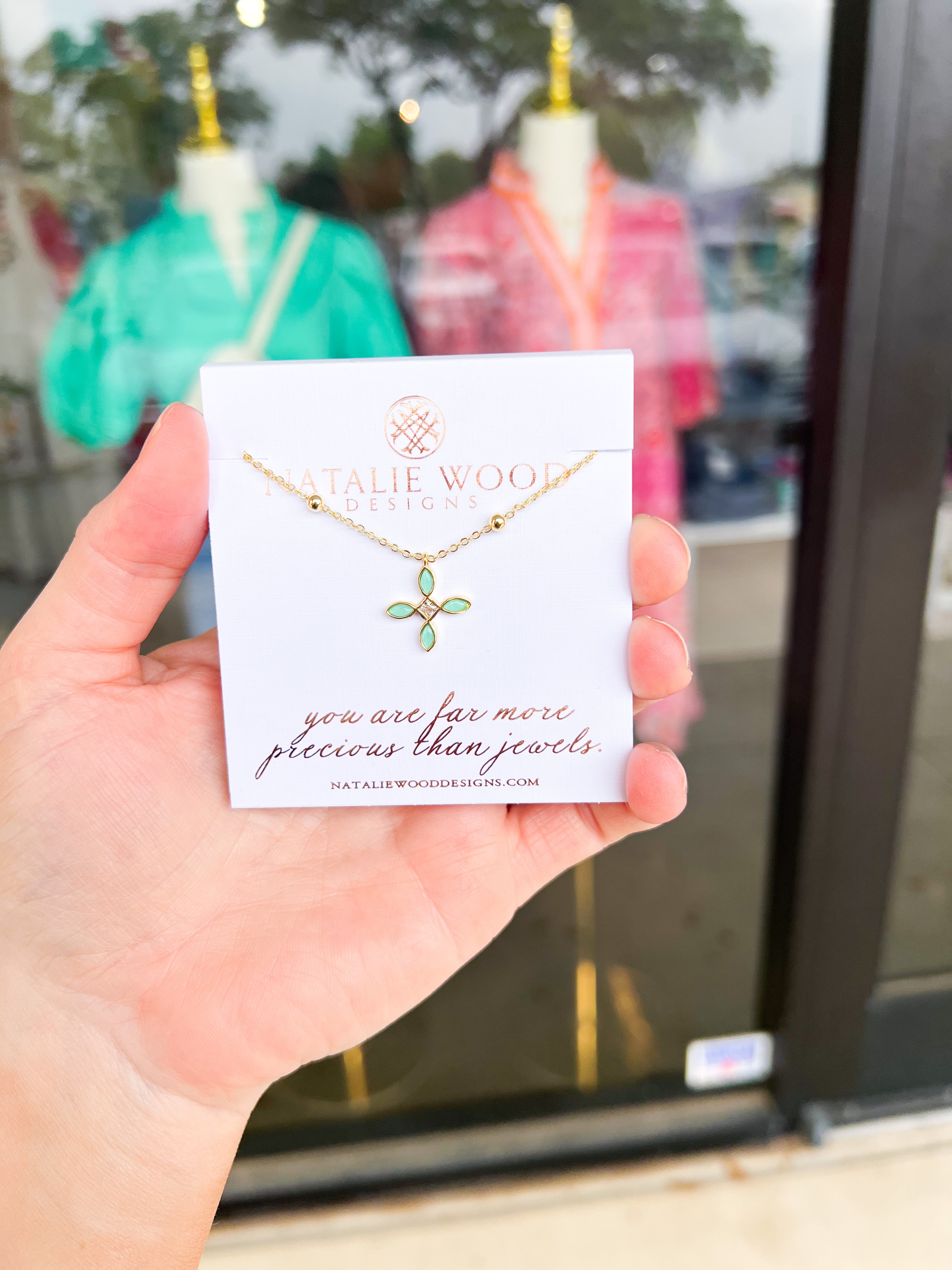 Natalie Wood - Radiant Cross Drop Necklace in Aqua-110 Jewelry & Hair-Natalie Wood-July & June Women's Fashion Boutique Located in San Antonio, Texas