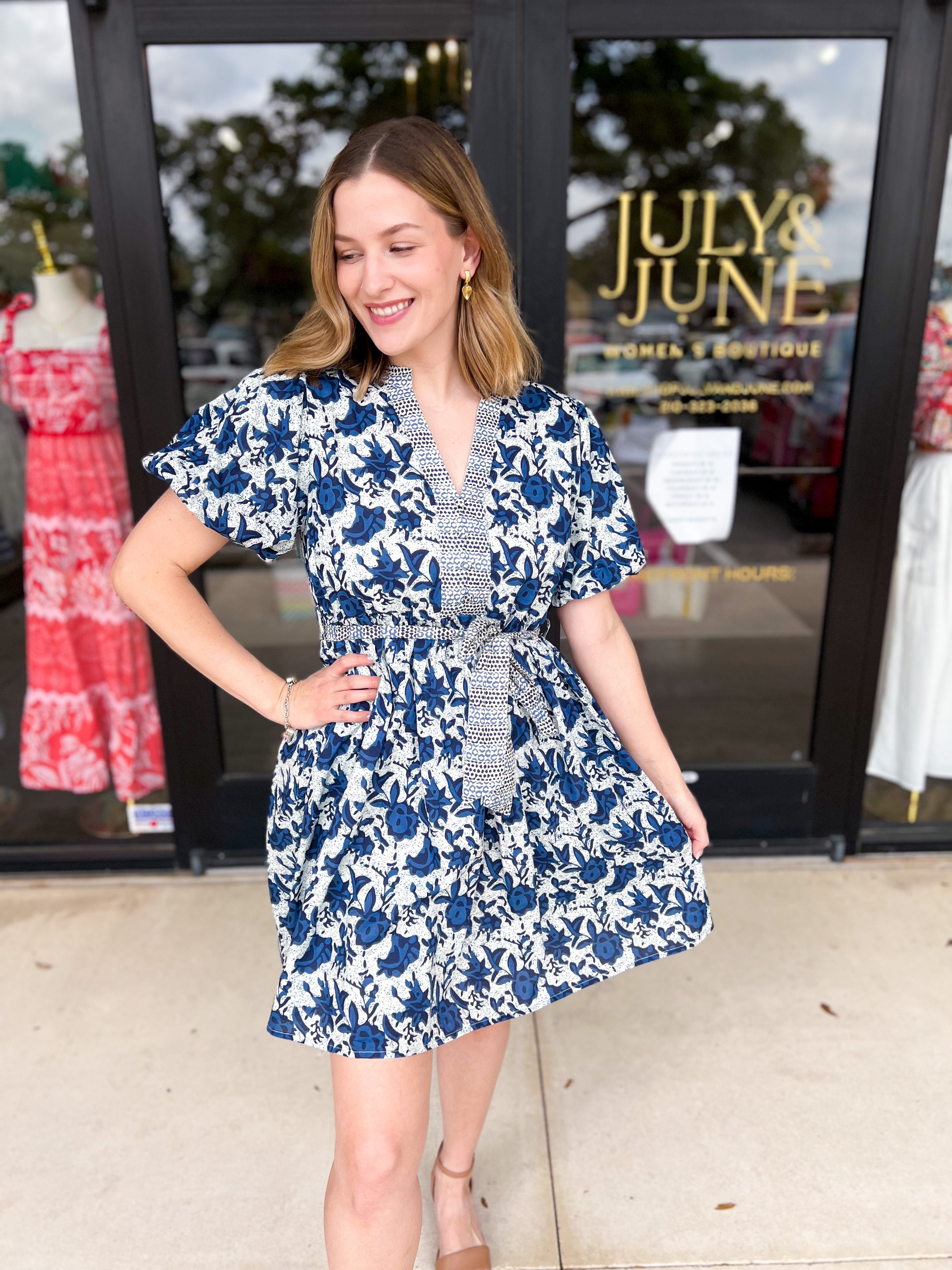 THML - Blue & Ivory Floral Mini Dress-510 Mini-THML-July & June Women's Fashion Boutique Located in San Antonio, Texas
