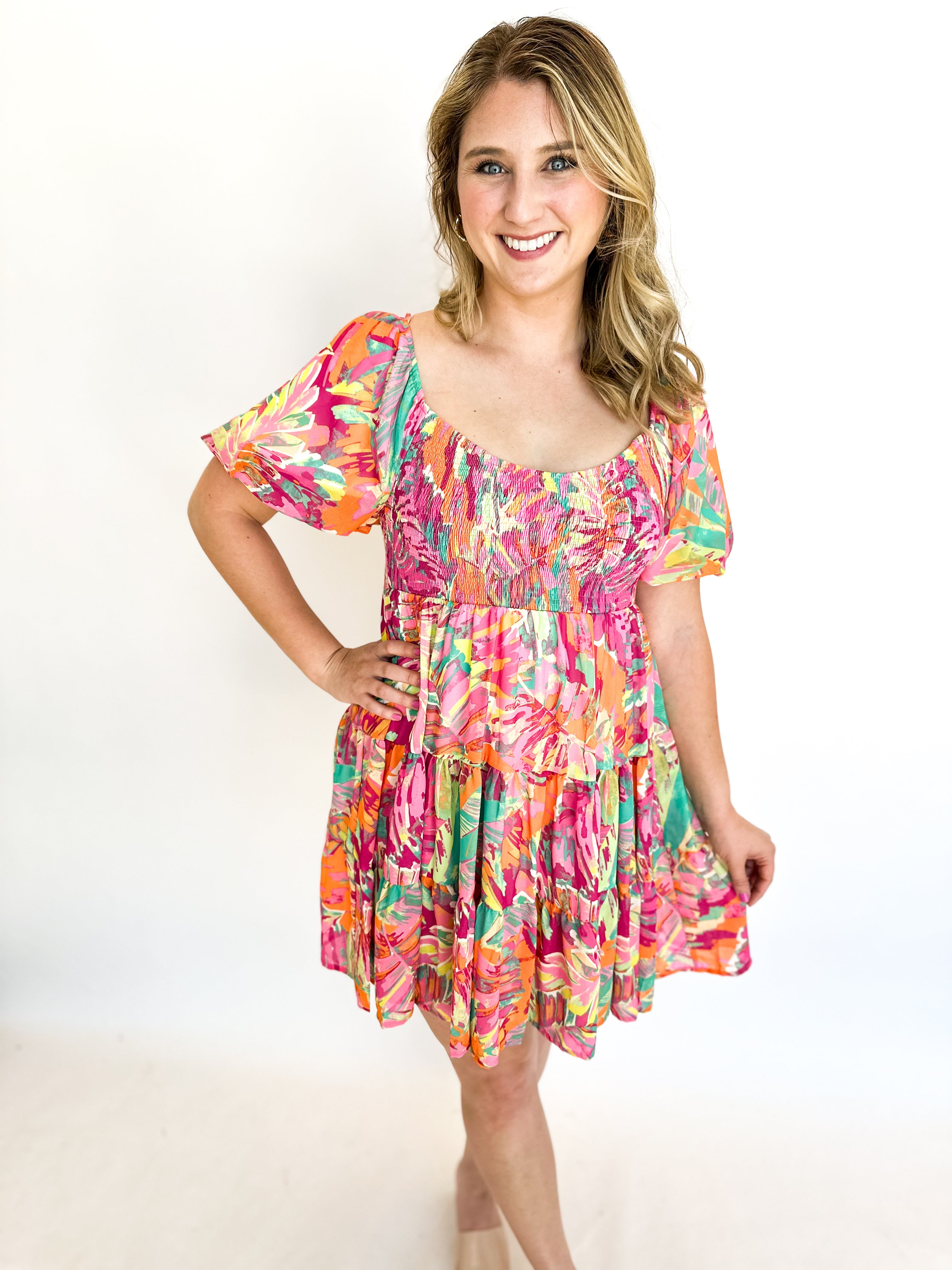 Coral Watercolor Mini Dress-510 Mini-FLYING TOMATO-July & June Women's Fashion Boutique Located in San Antonio, Texas