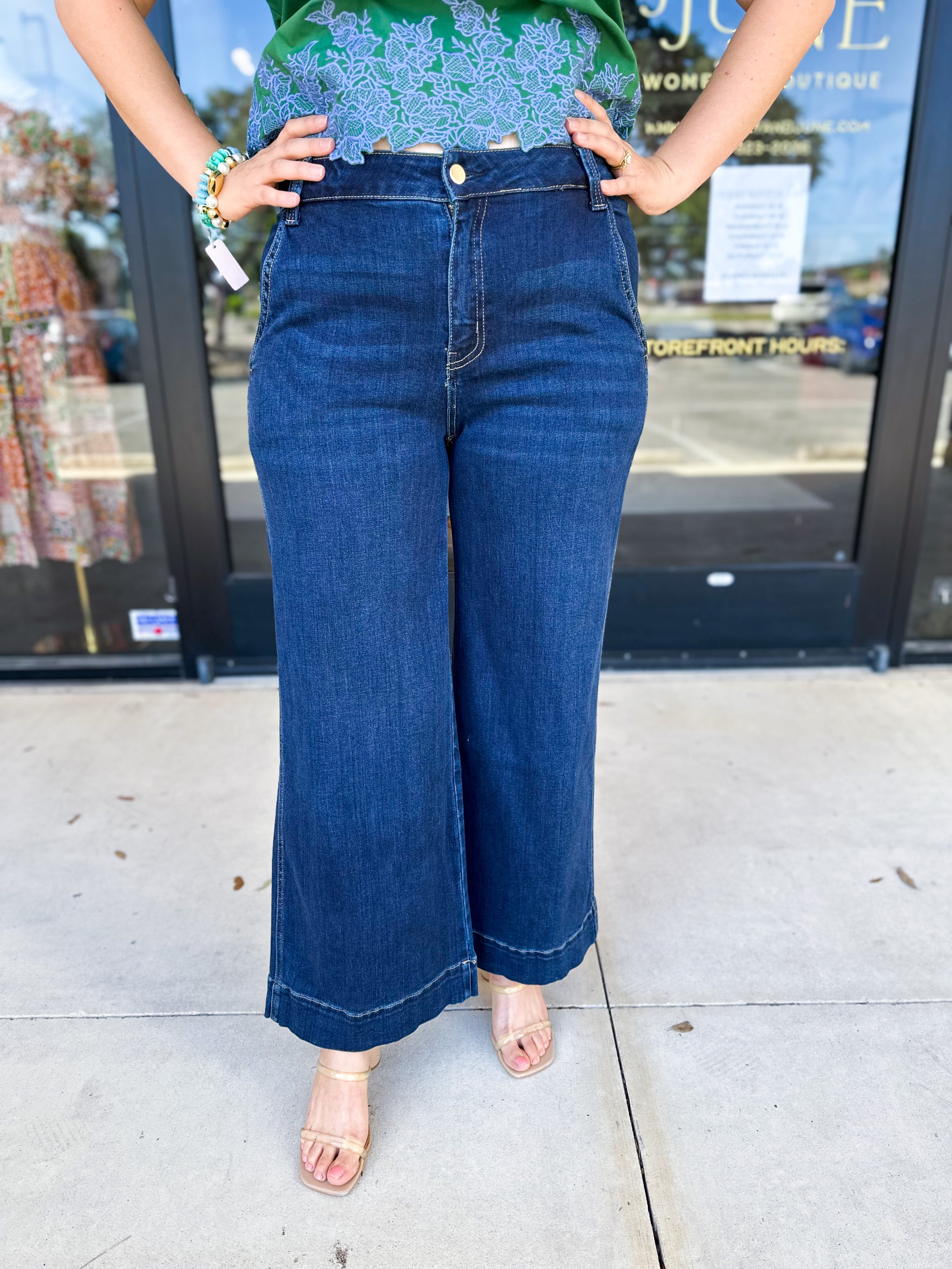 Vervet - Dark High Rise Trouser Wide Leg Jeans-400 Pants-VEVERT BY FLYING MONKEY-July & June Women's Fashion Boutique Located in San Antonio, Texas
